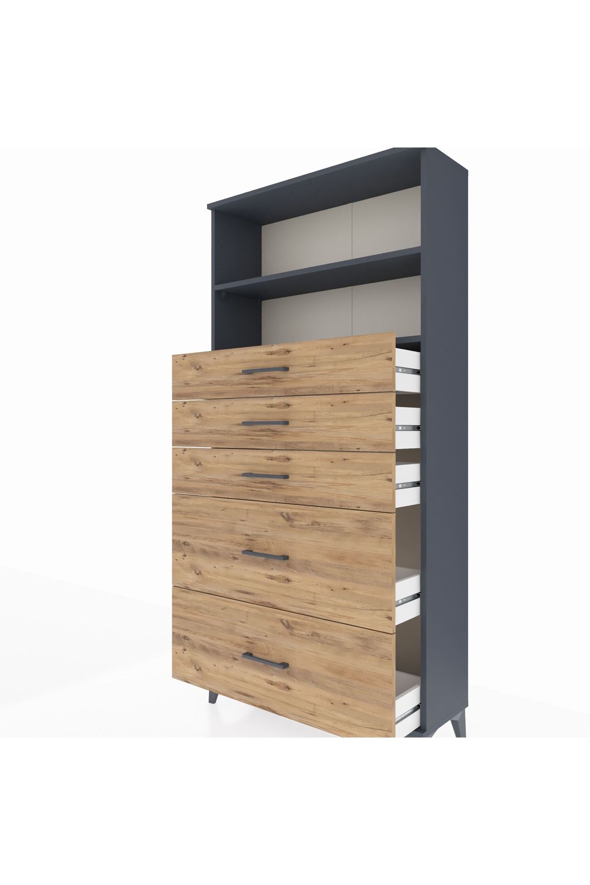 Arges Dolap 2 Raflı 5 Çekmeceli 88x30x182 Antrasit-Çam