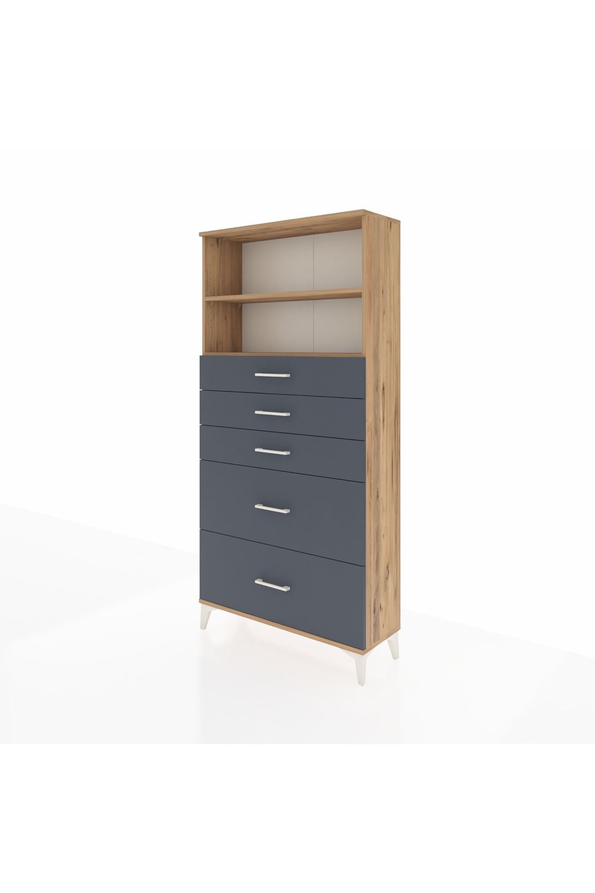 Arges Dolap 2 Raflı 5 Çekmeceli 88x30x182 Çam-Antrasit