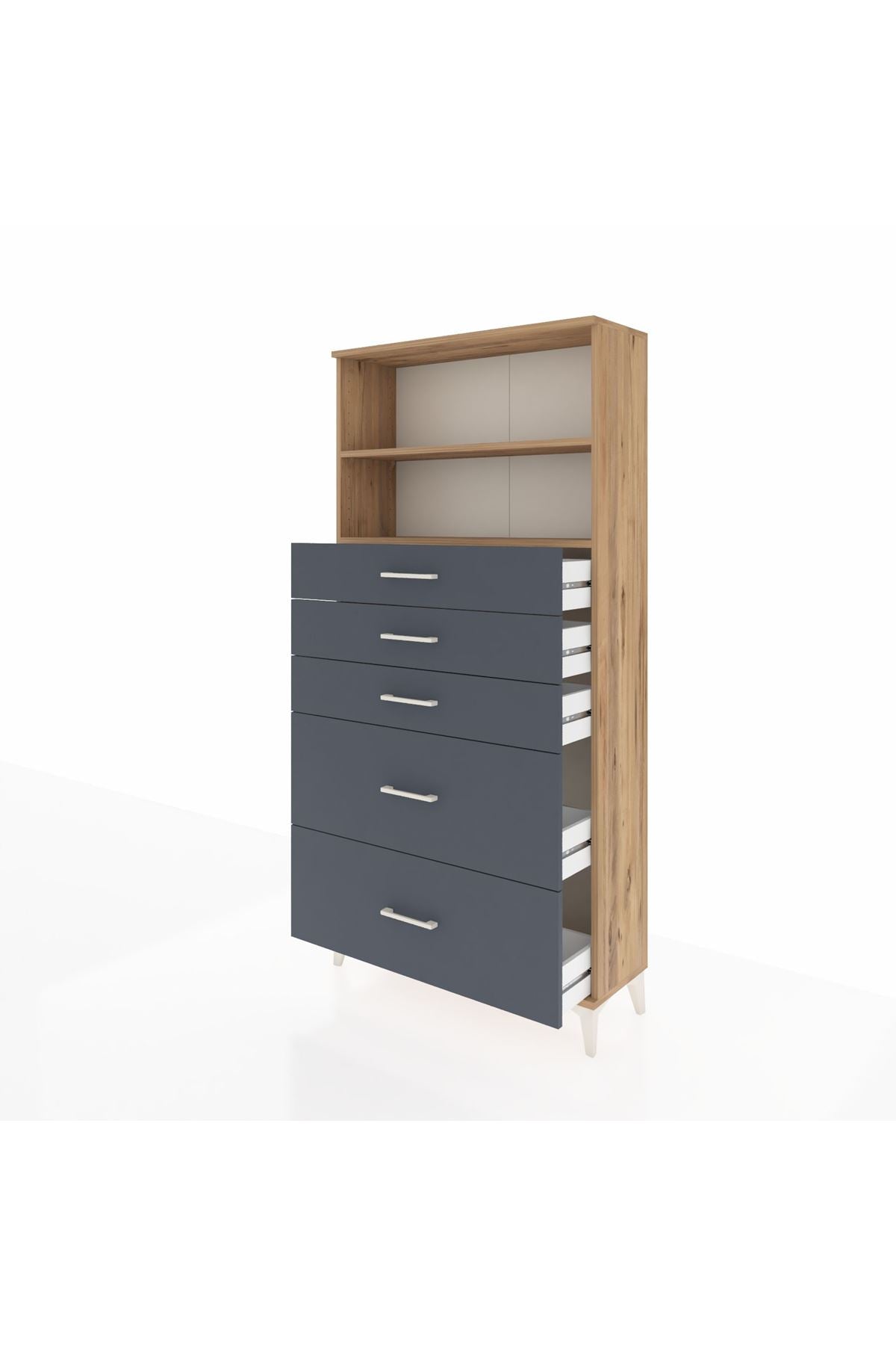 Arges Dolap 2 Raflı 5 Çekmeceli 88x30x182 Çam-Antrasit