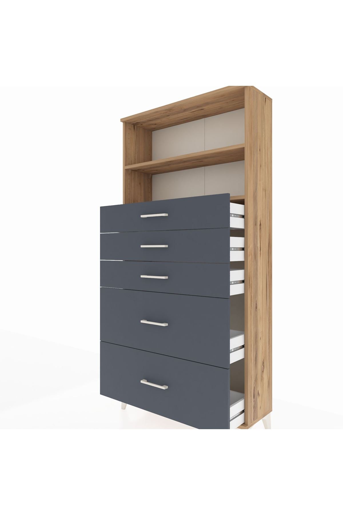 Arges Dolap 2 Raflı 5 Çekmeceli 88x30x182 Çam-Antrasit