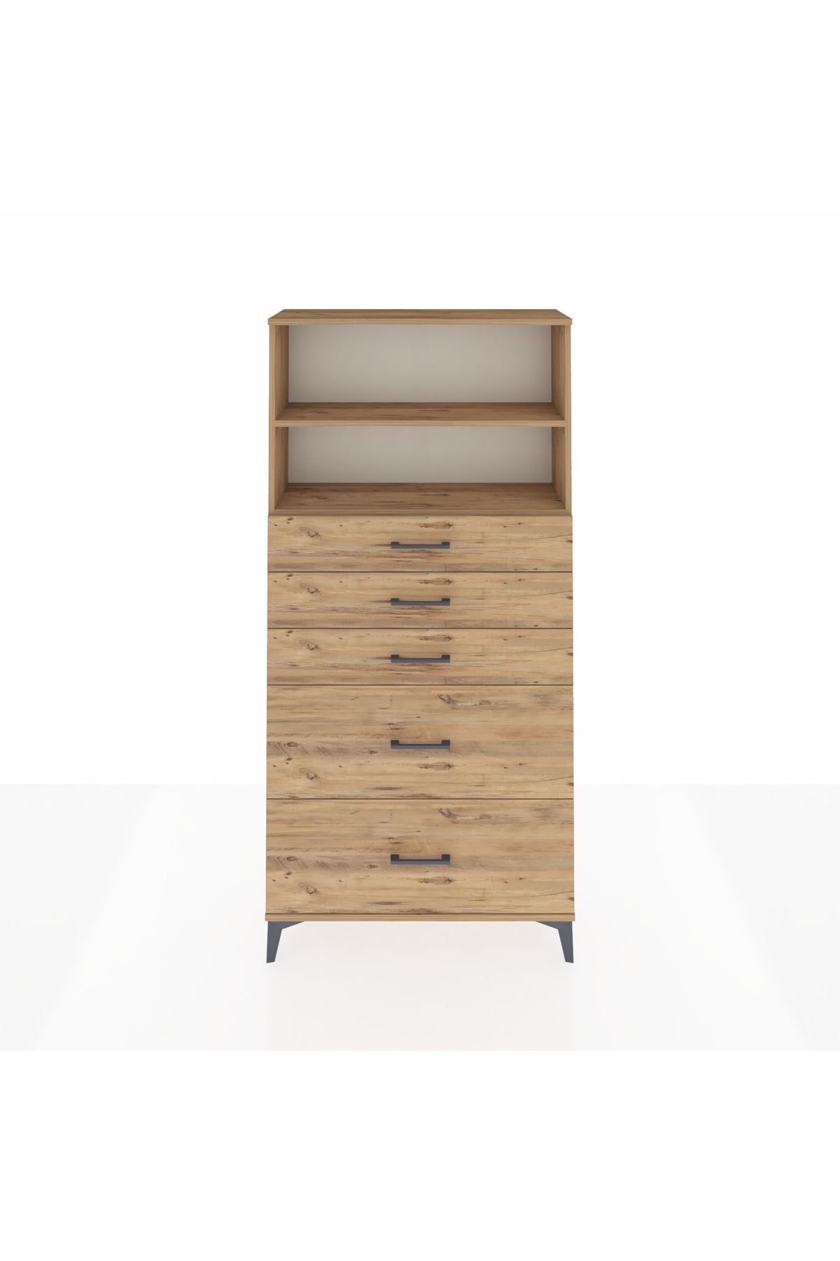 Arges Dolap 2 Raflı 5 Çekmeceli 88x30x182 Çam-Çam