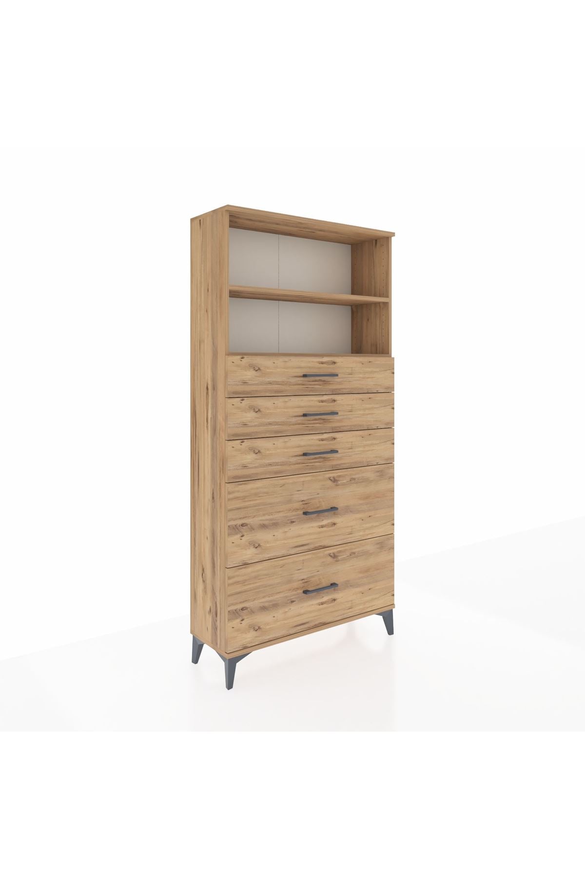 Arges Dolap 2 Raflı 5 Çekmeceli 88x30x182 Çam-Çam