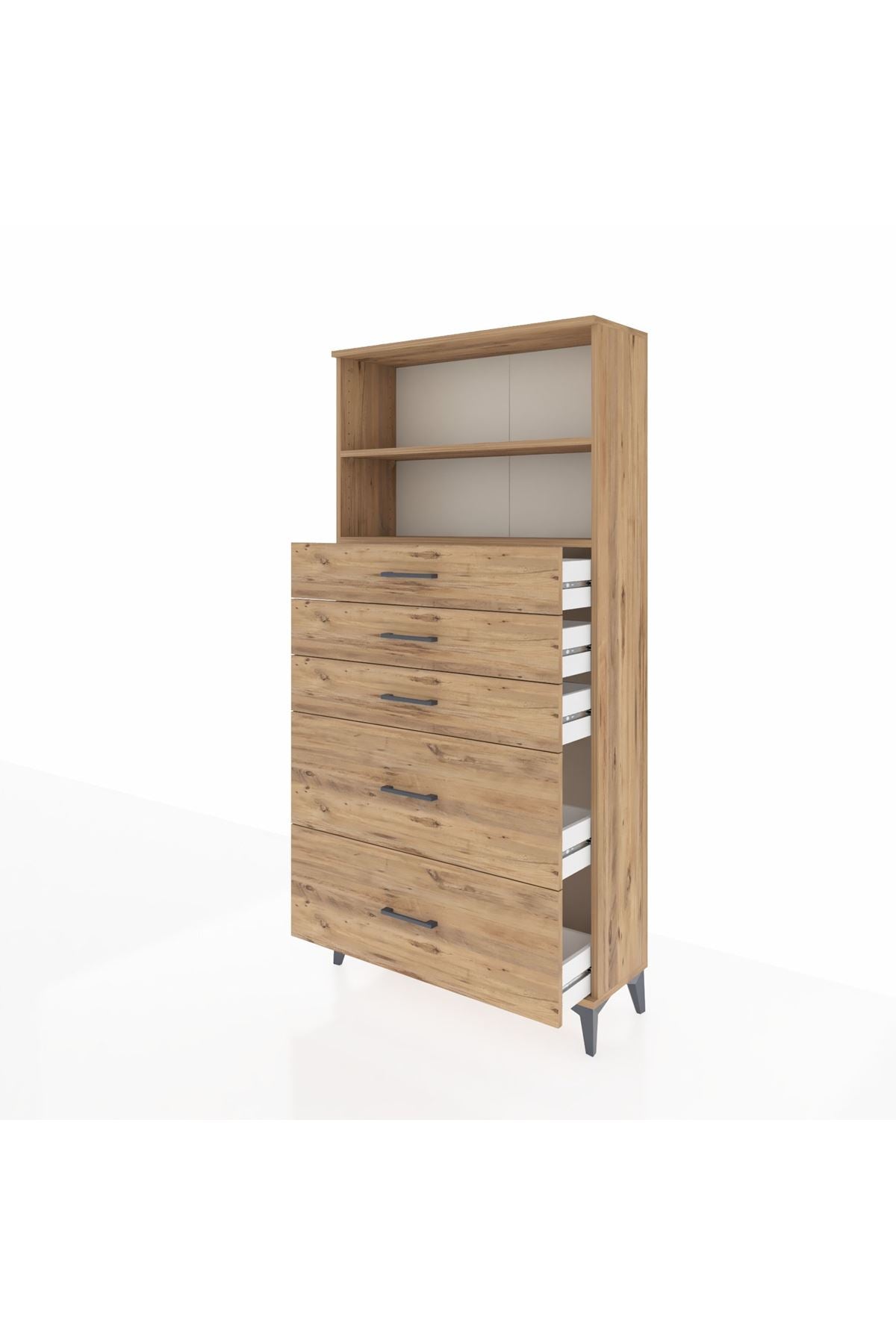 Arges Dolap 2 Raflı 5 Çekmeceli 88x30x182 Çam-Çam