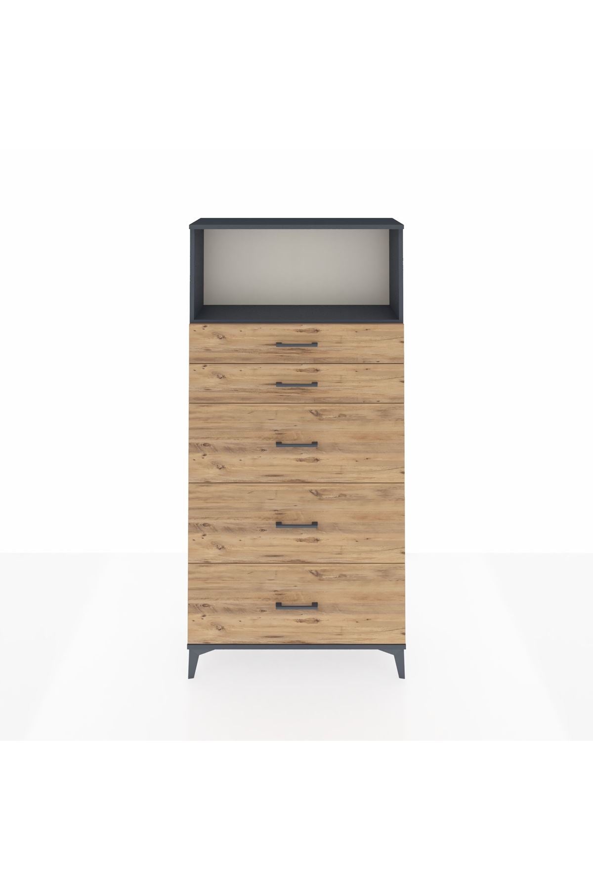 Arges Dolap Tek Raflı 5 Çekmeceli 88x30x182 Antrasit-Çam