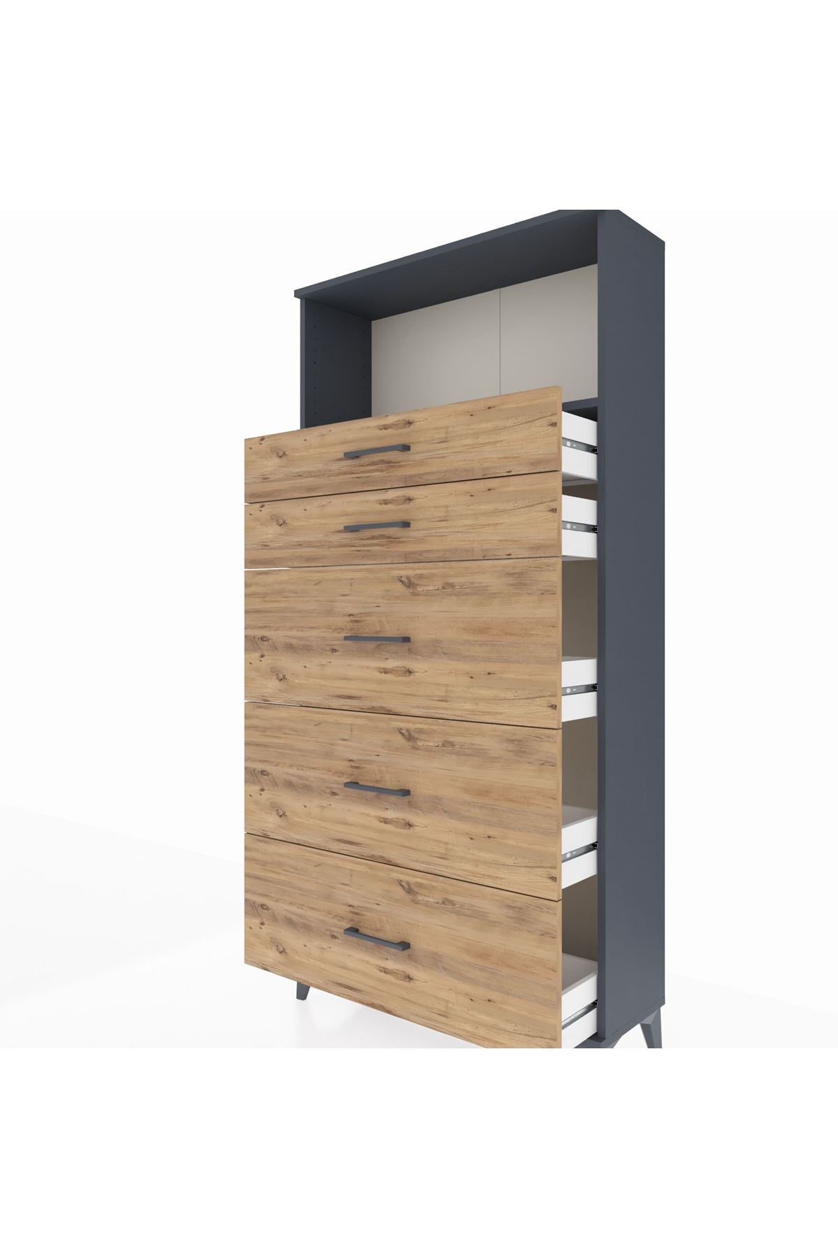 Arges Dolap Tek Raflı 5 Çekmeceli 88x30x182 Antrasit-Çam