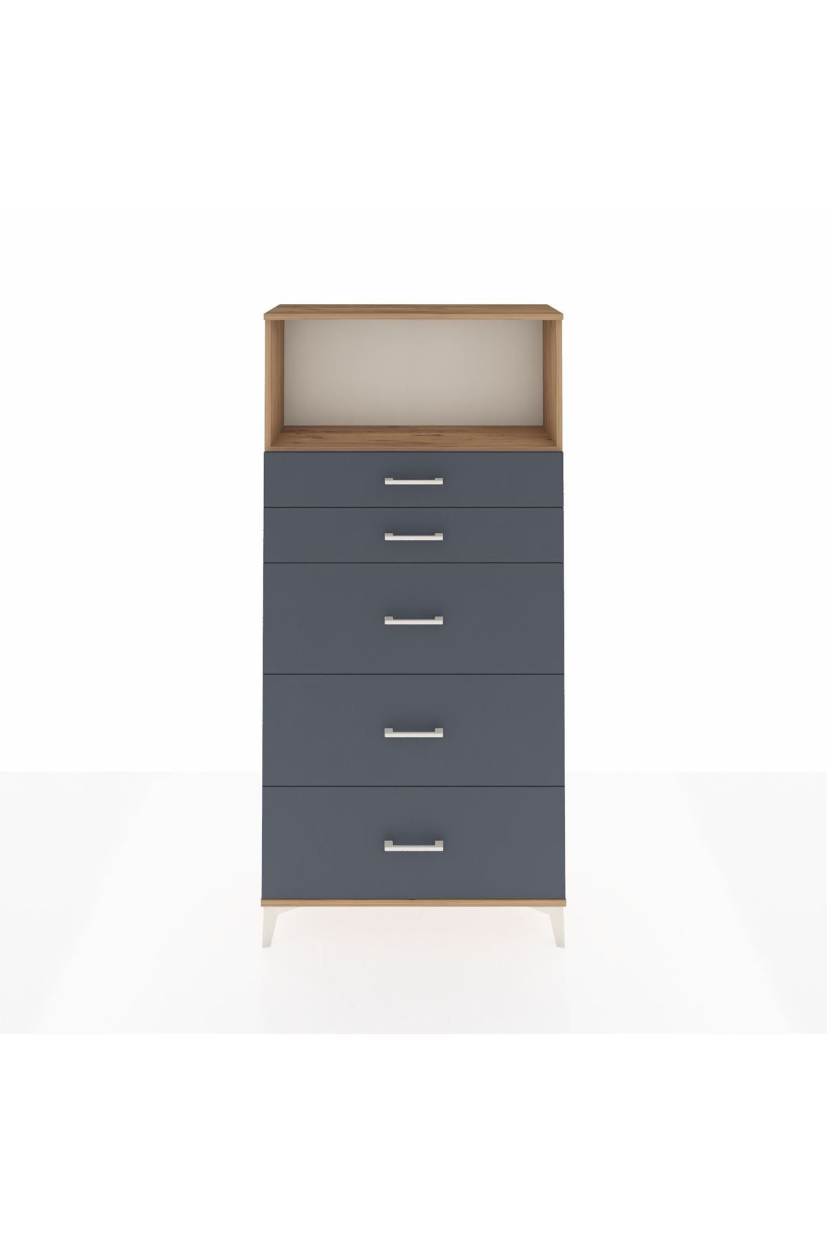 Arges Dolap Tek Raflı 5 Çekmeceli 88x30x182 Çam-Antrasit