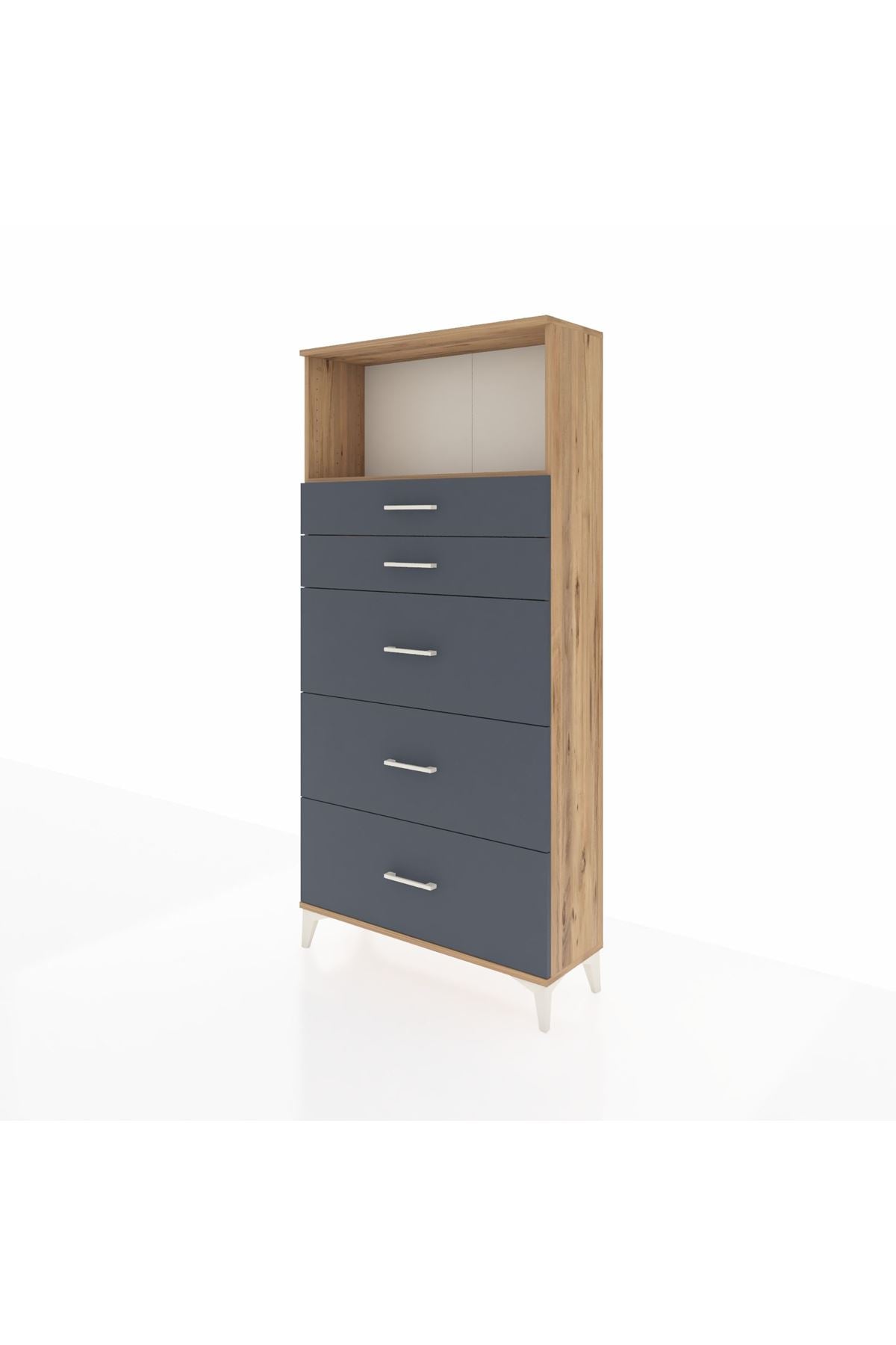 Arges Dolap Tek Raflı 5 Çekmeceli 88x30x182 Çam-Antrasit