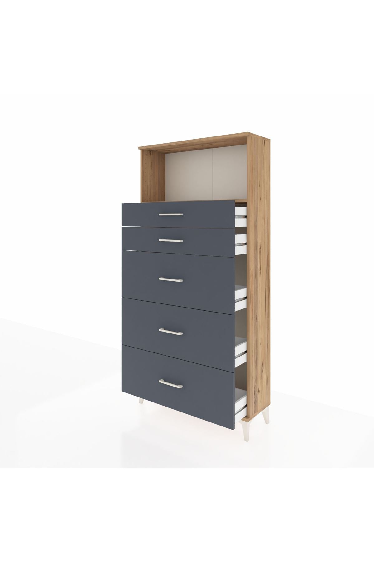 Arges Dolap Tek Raflı 5 Çekmeceli 88x30x182 Çam-Antrasit