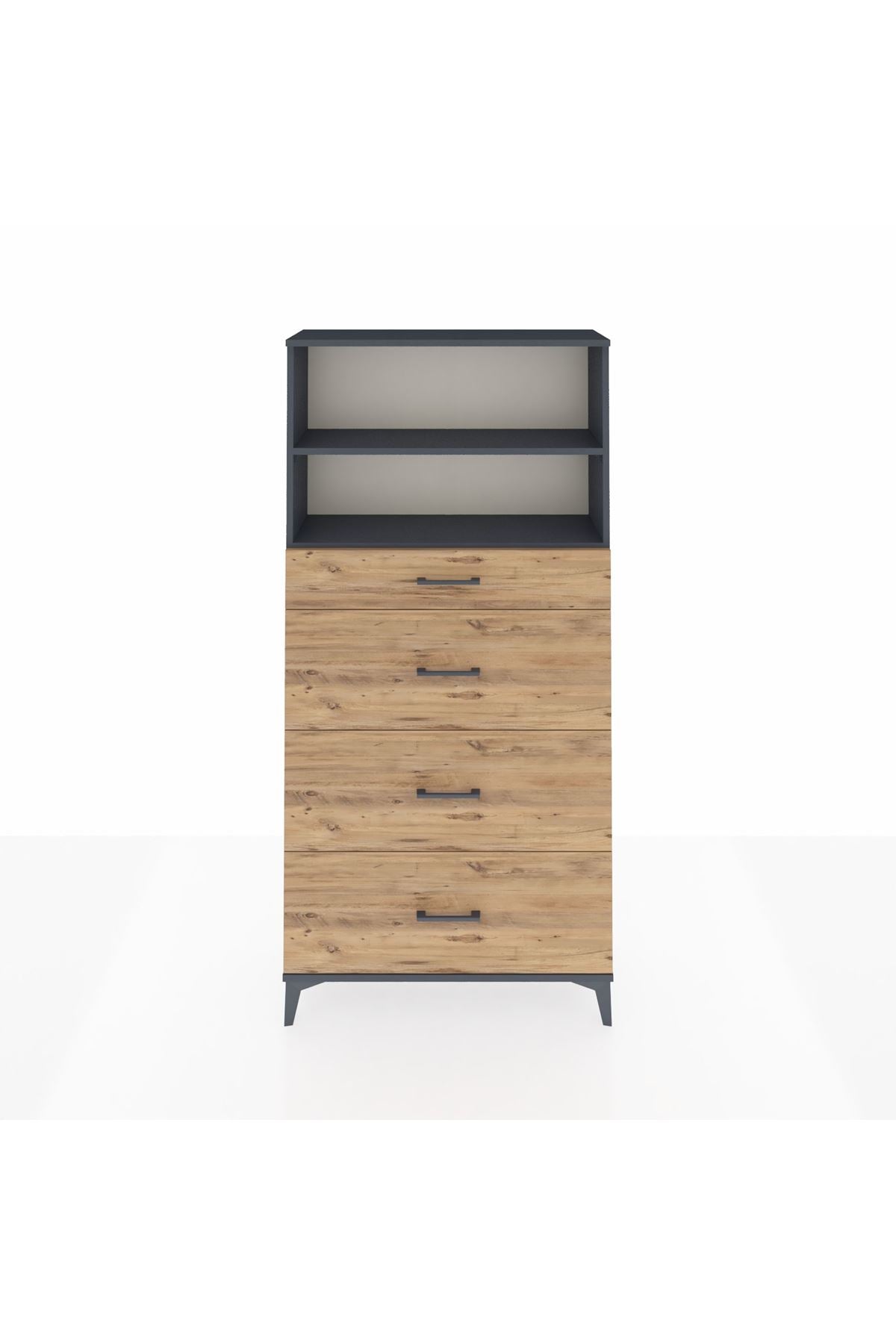 Arges Dolap 2 Raflı 4 Çekmeceli 88x30x182 Antrasit-Çam