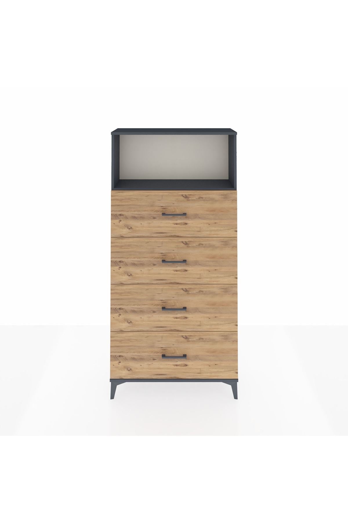 Arges Dolap 2 Raflı 4 Çekmeceli 88x30x182 Antrasit-Çam