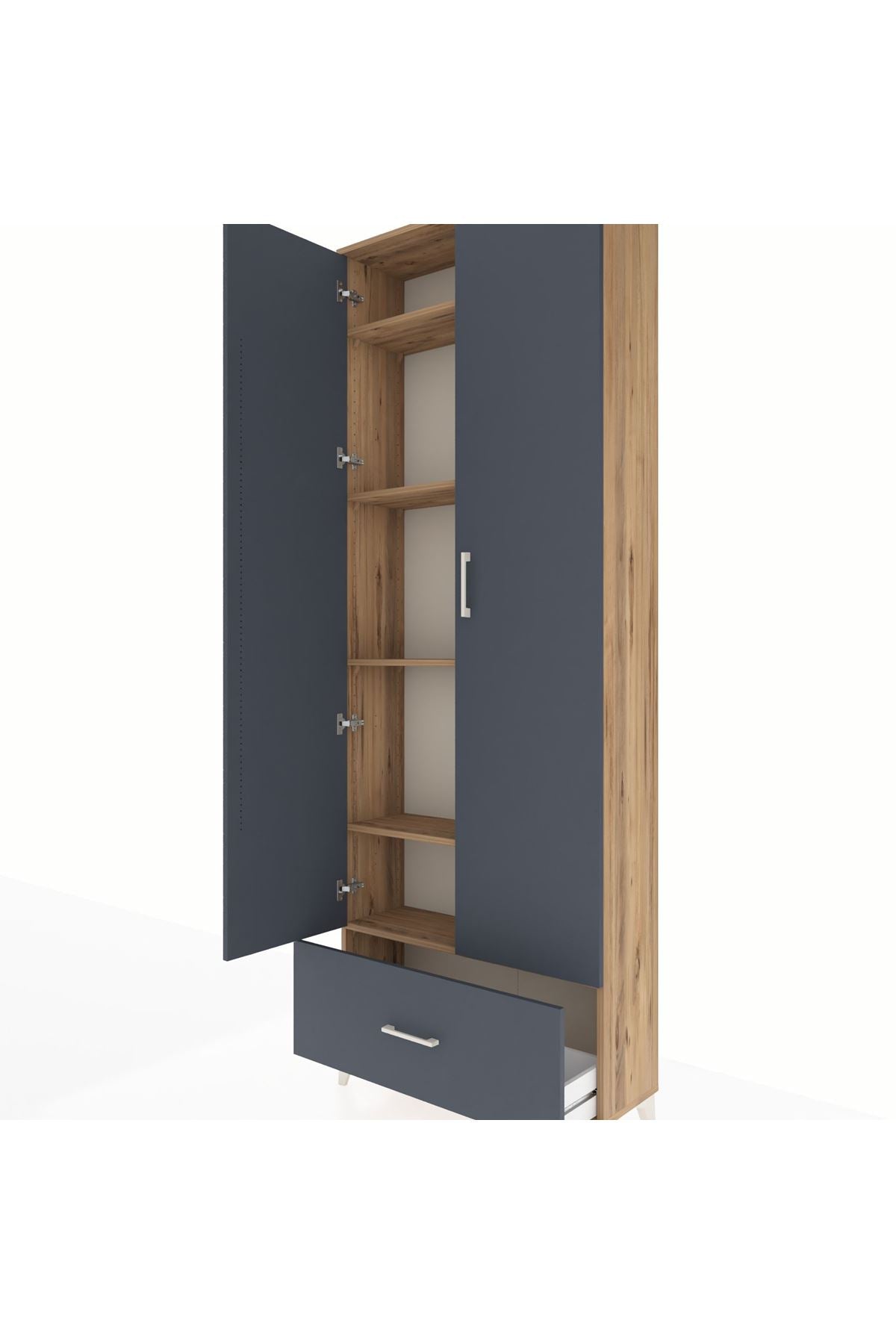 Arges Dolap 5 Raflı Tek Çekmeceli 2 Kapaklı 88x30x243 Çam-Antrasit