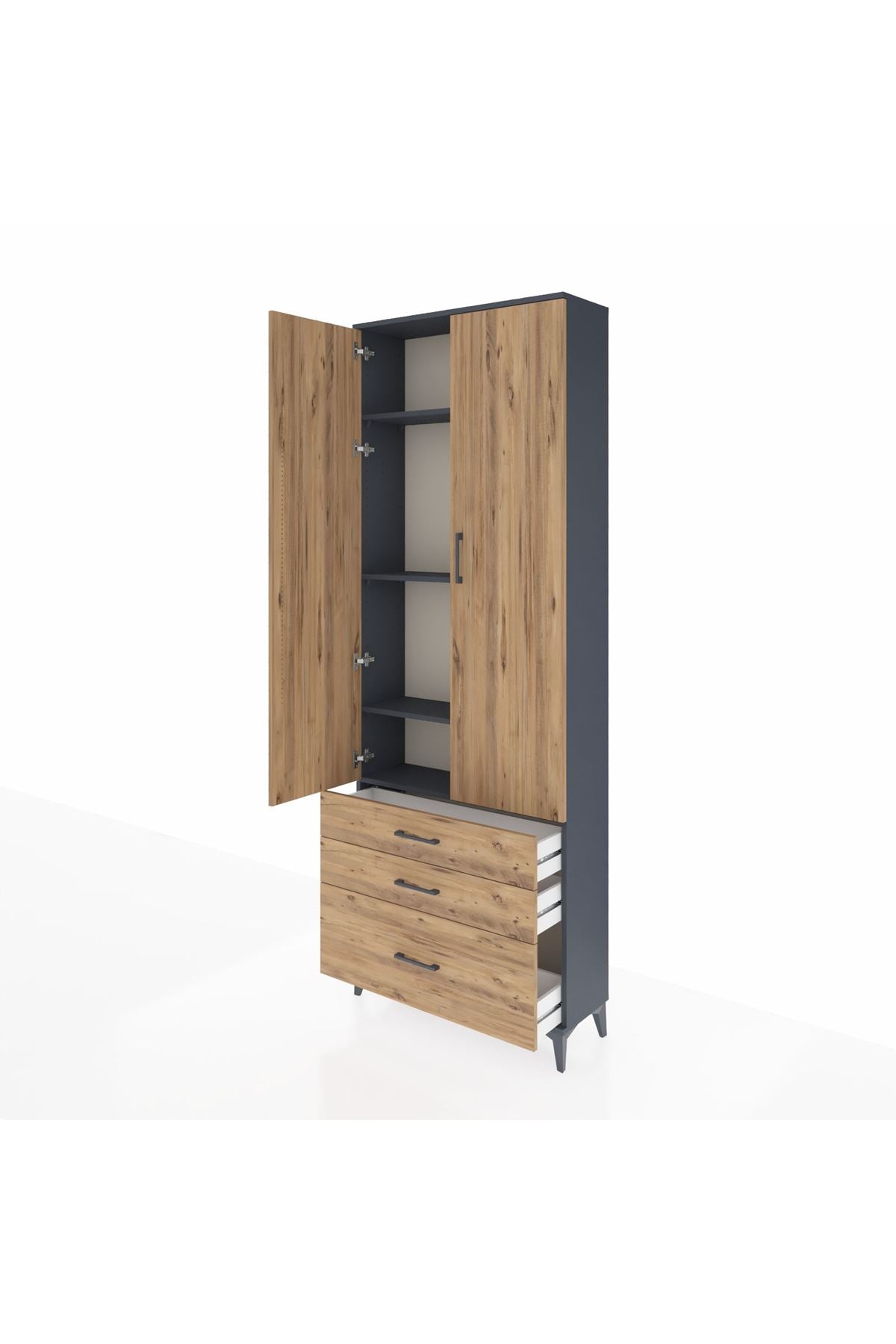 Arges Dolap 4 Raflı 3 Çekmeceli 2 Kapaklı 88x30x243 Antrasit-Çam