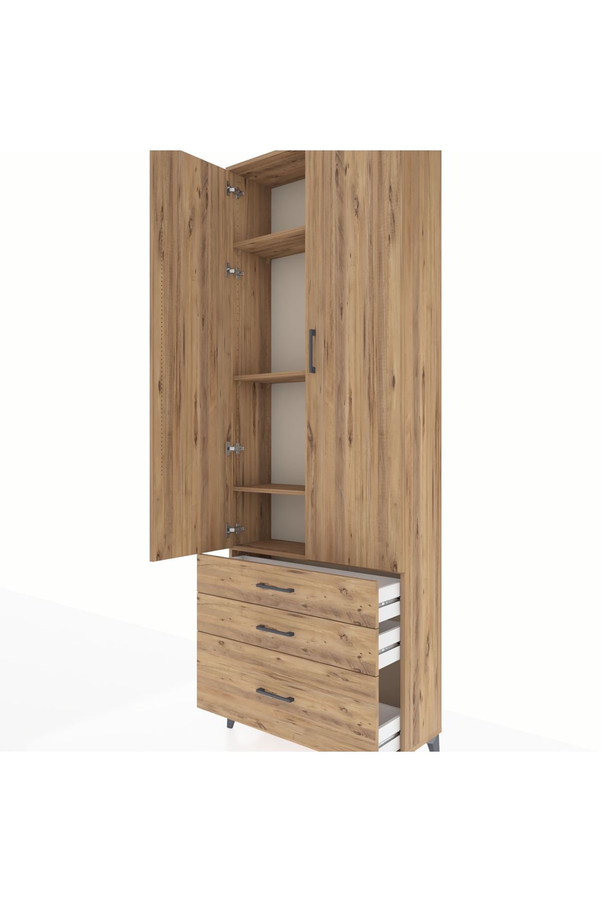 Arges Dolap 4 Raflı 3 Çekmeceli 2 Kapaklı 88x30x243 Çam-Çam