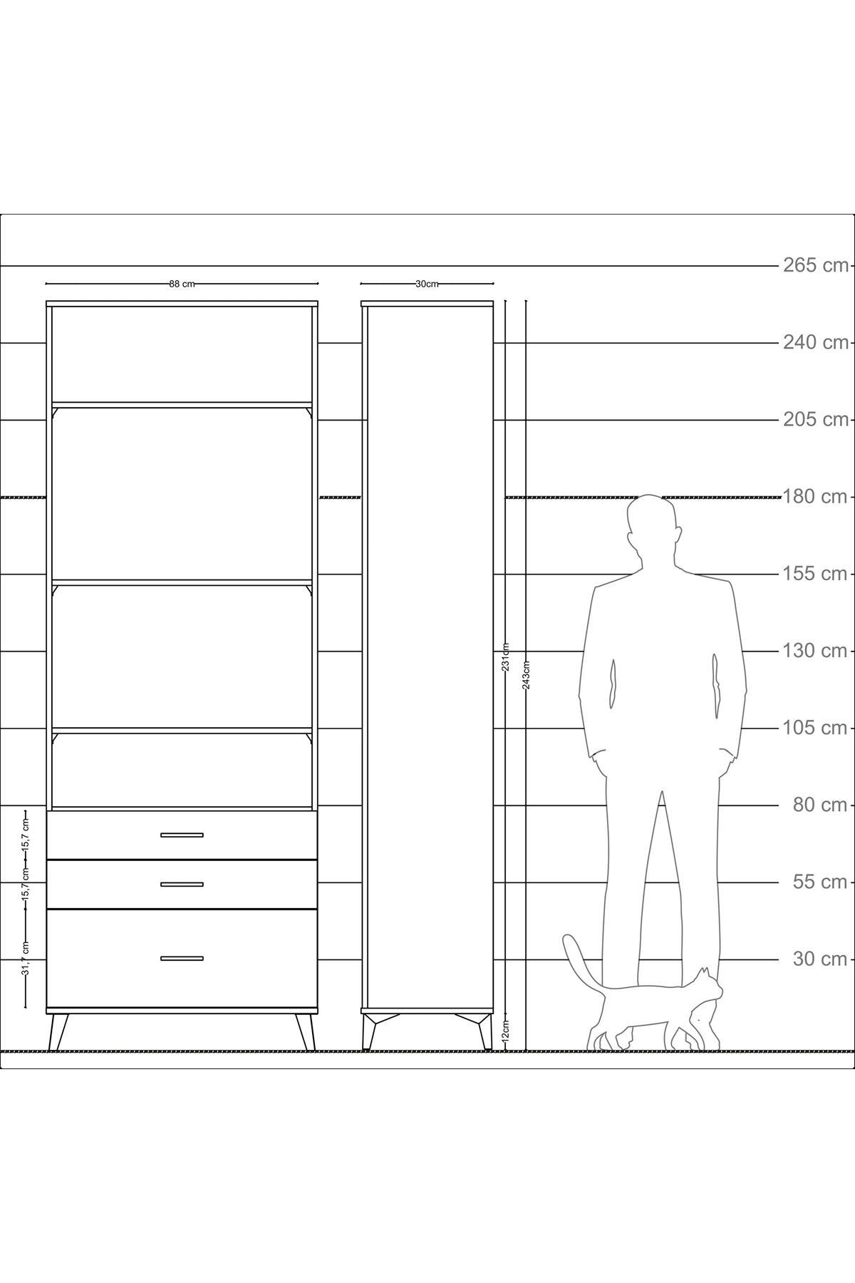 Arges Dolap 4 Raflı 3 Çekmeceli 88x30x243 Çam-Çam