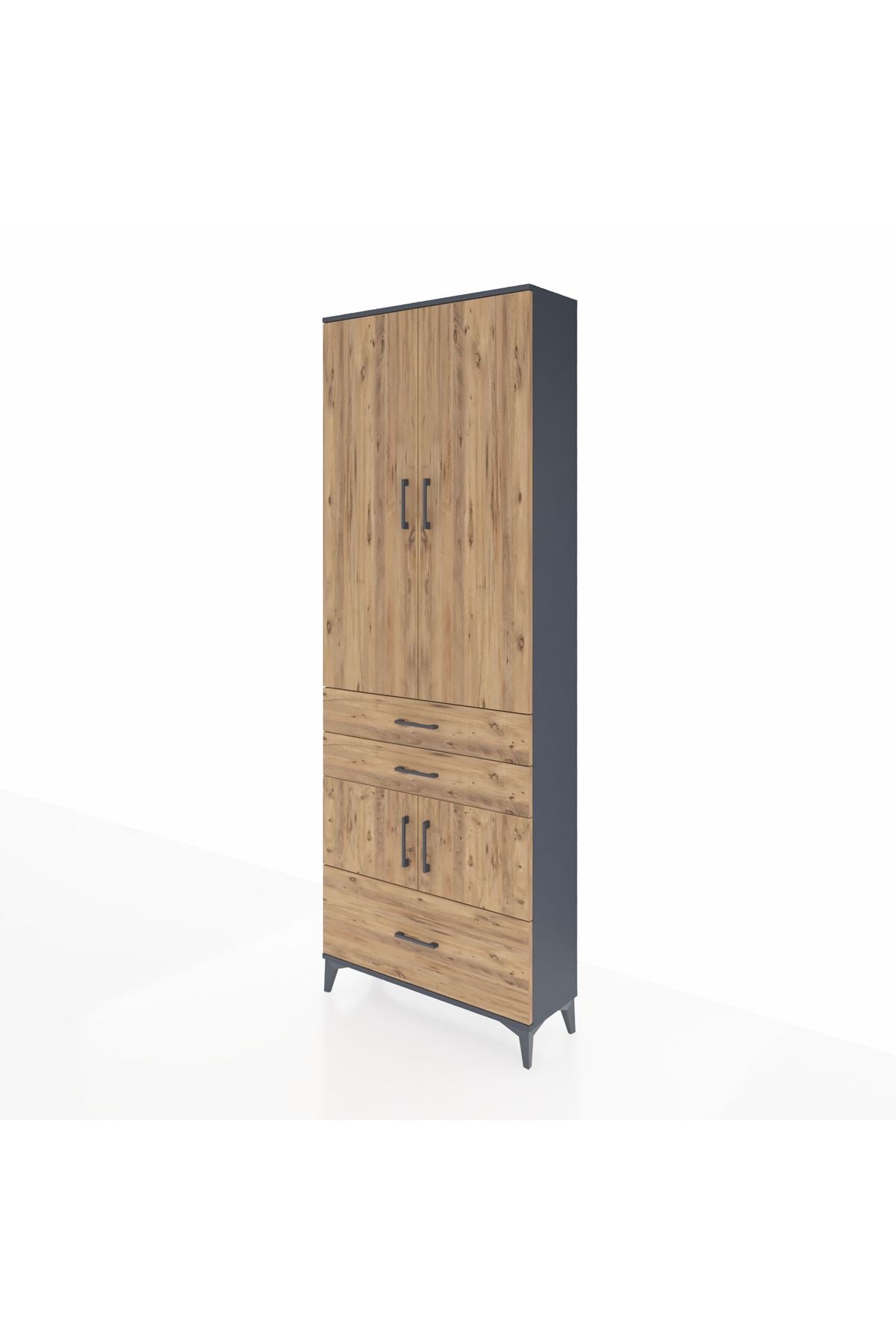 Arges Dolap 4 Raflı 3 Çekmeceli 4 Kapaklı 88x30x243 Antrasit-Çam