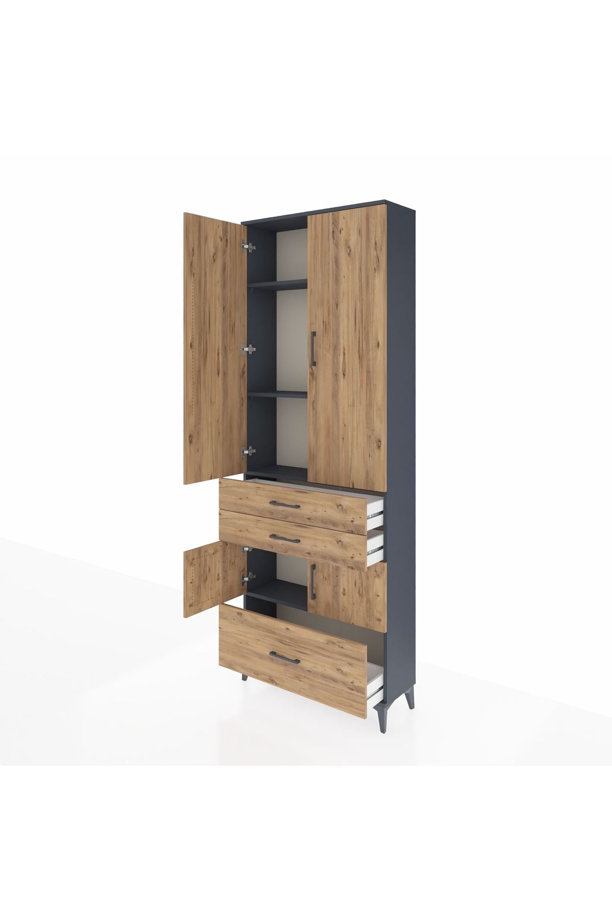 Arges Dolap 4 Raflı 3 Çekmeceli 4 Kapaklı 88x30x243 Antrasit-Çam