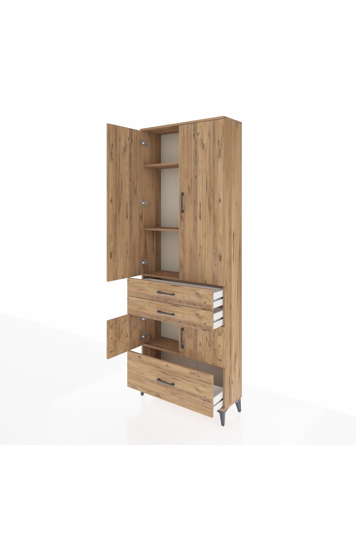 Arges Dolap 4 Raflı 3 Çekmeceli 4 Kapaklı 88x30x243 Çam-Çam