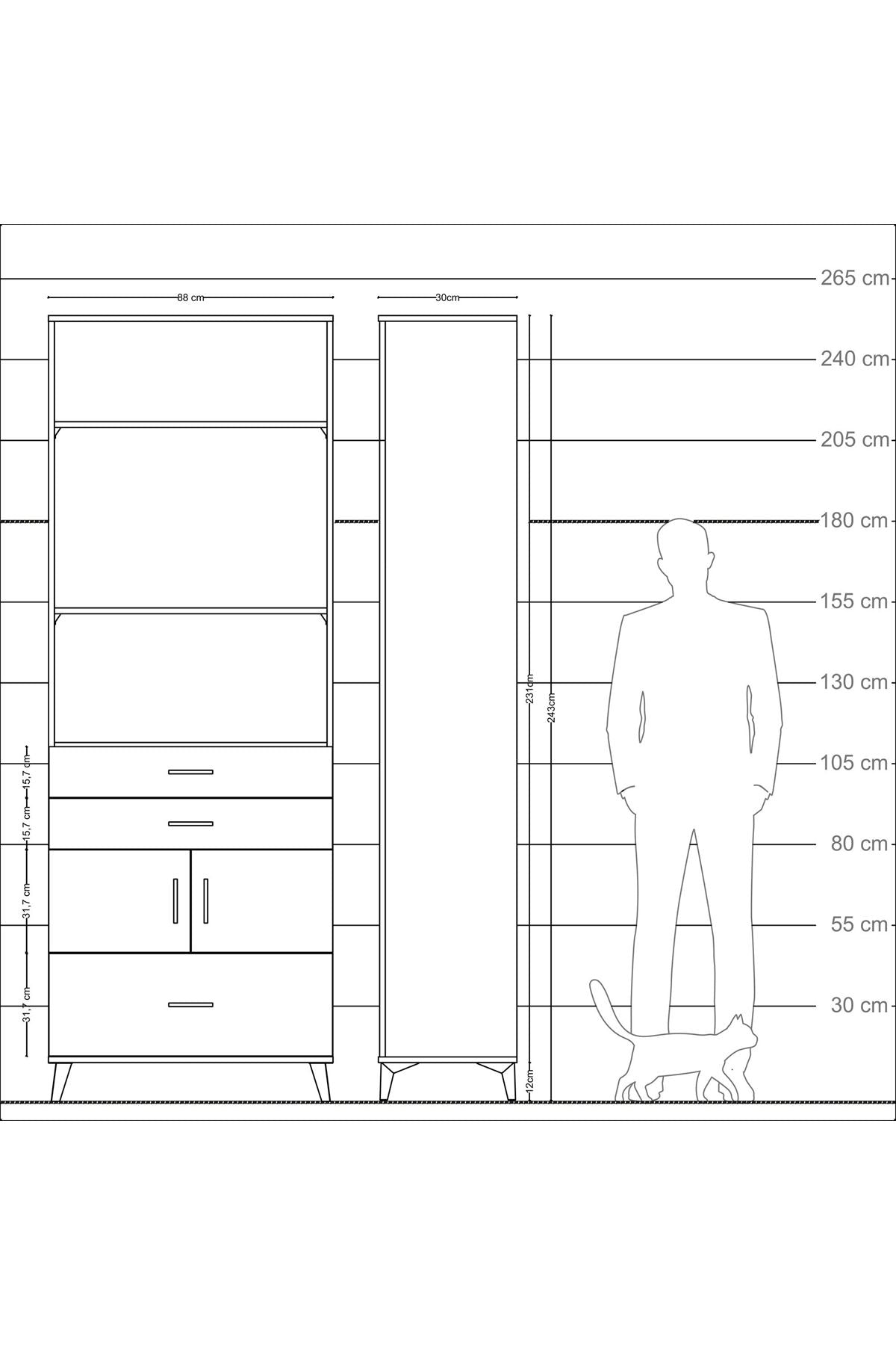 Arges Dolap 4 Raflı 3 Çekmeceli 2 Kapaklı 88x30x243 Çam-Çam