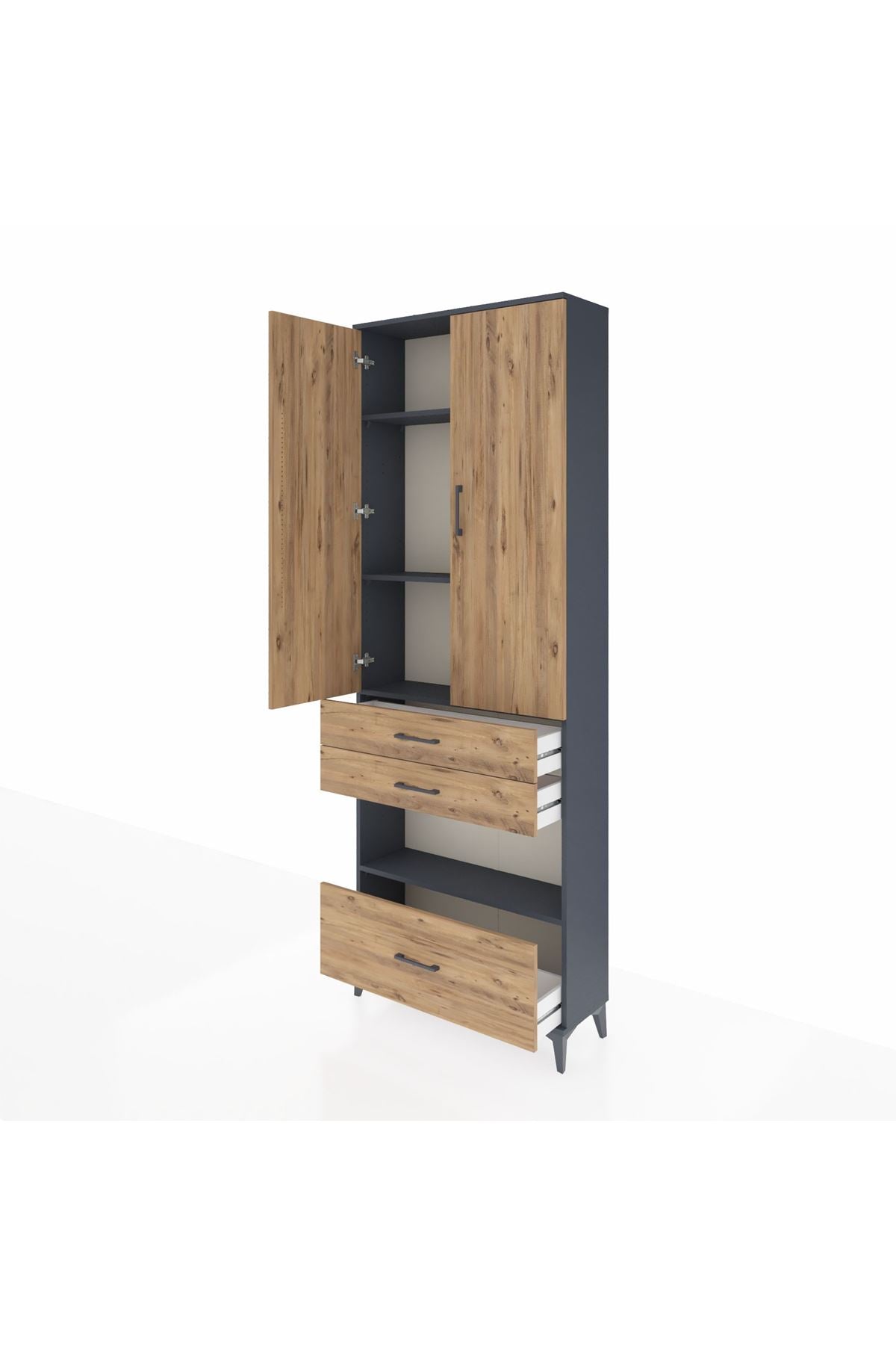 Arges Dolap 4 Raflı 3 Çekmeceli 2 Kapaklı 88x30x243 Antrasit-Çam