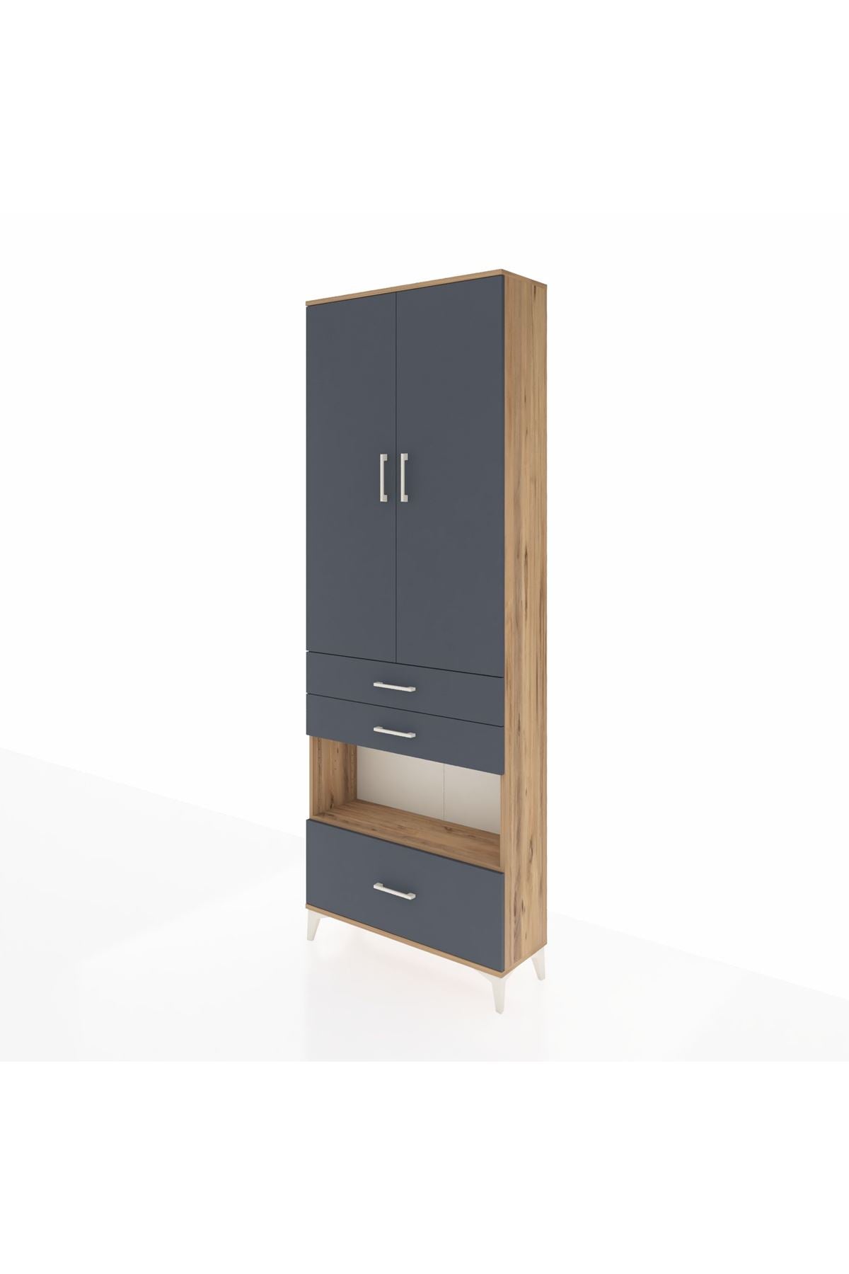 Arges Dolap 4 Raflı 3 Çekmeceli 2 Kapaklı 88x30x243 Çam-Antrasit