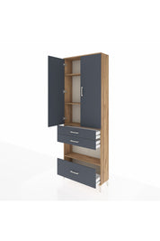 Arges Dolap 4 Raflı 3 Çekmeceli 2 Kapaklı 88x30x243 Çam-Antrasit