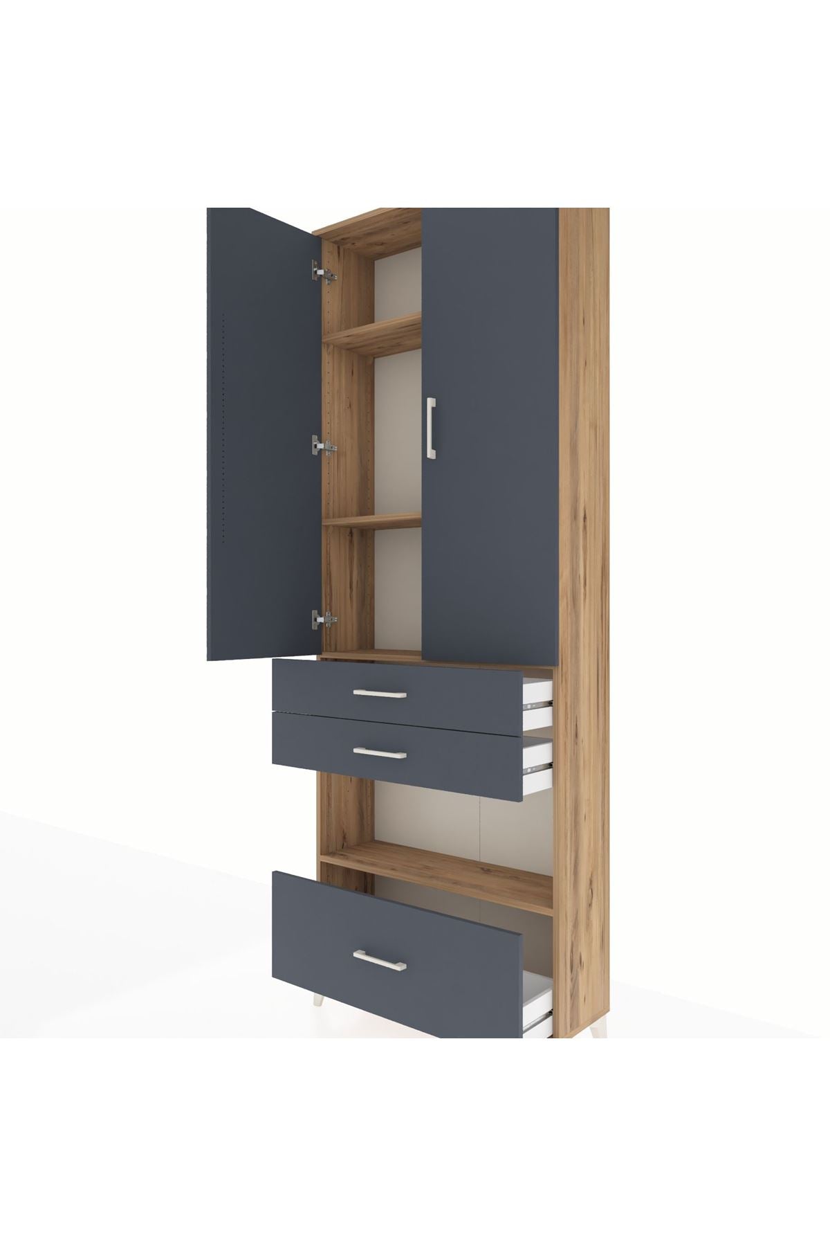 Arges Dolap 4 Raflı 3 Çekmeceli 2 Kapaklı 88x30x243 Çam-Antrasit