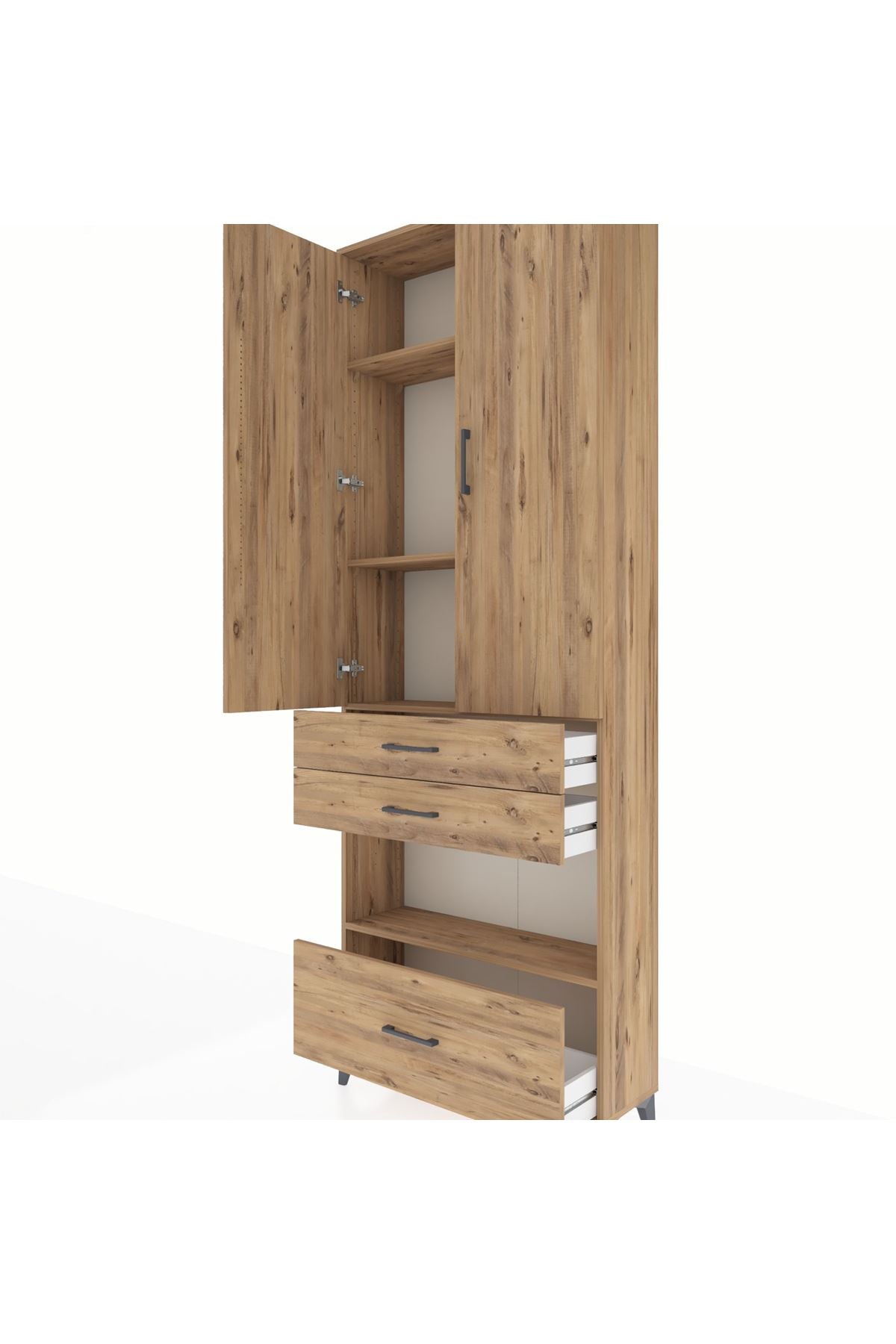 Arges Dolap 4 Raflı 3 Çekmeceli 2 Kapaklı 88x30x243 Çam-Çam