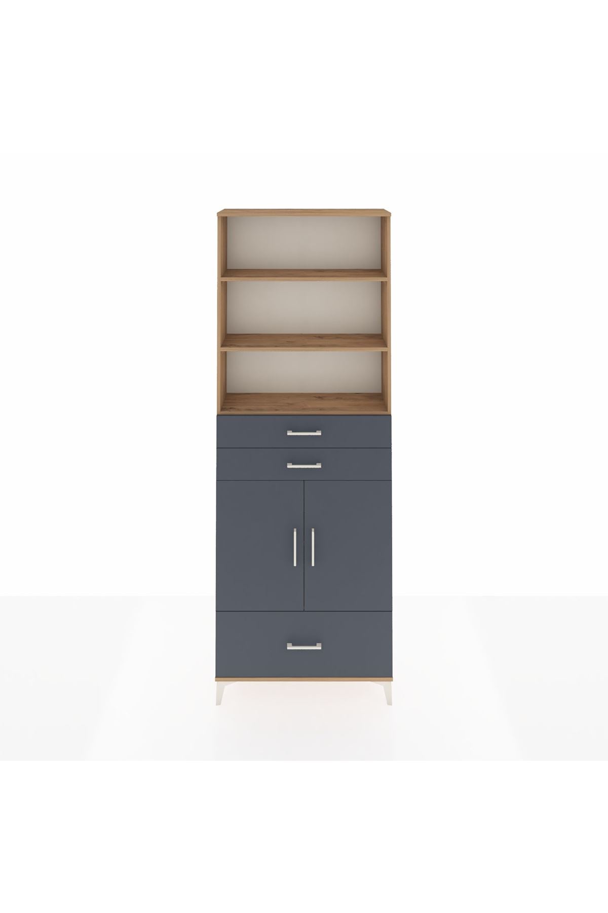 Arges Dolap 5 Raflı 3 Çekmeceli 2 Kapaklı 88x30x243 Çam-Antrasit