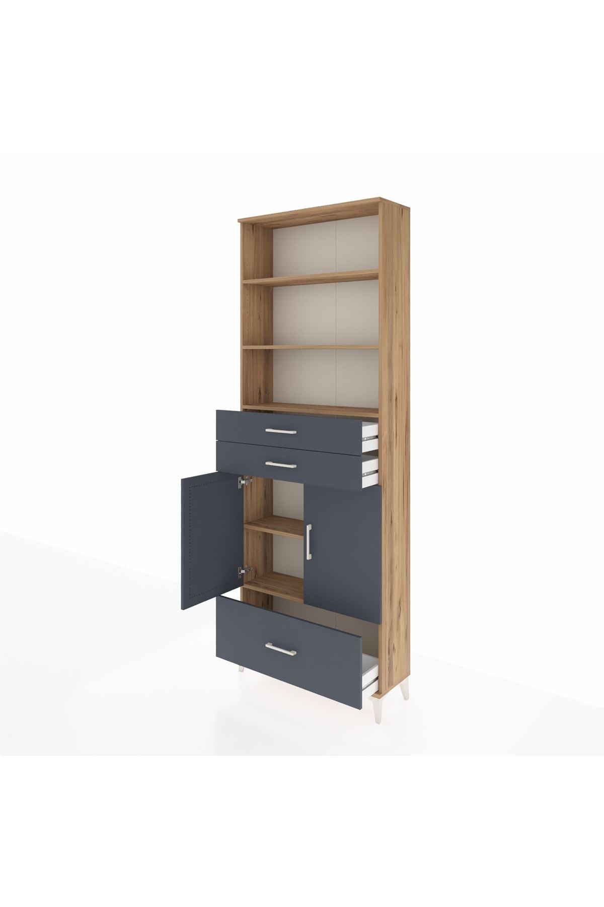 Arges Dolap 5 Raflı 3 Çekmeceli 2 Kapaklı 88x30x243 Çam-Antrasit