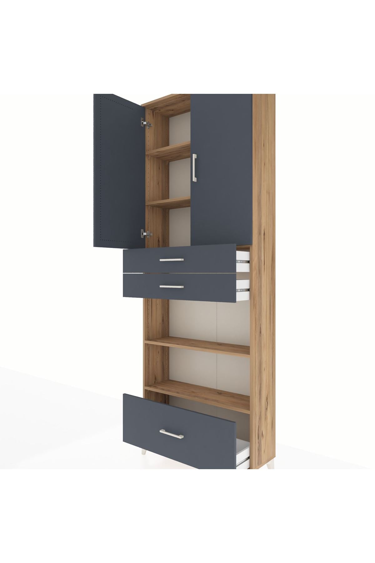 Arges Dolap 5 Raflı 3 Çekmeceli 2 Kapaklı 88x30x243 Çam-Antrasit