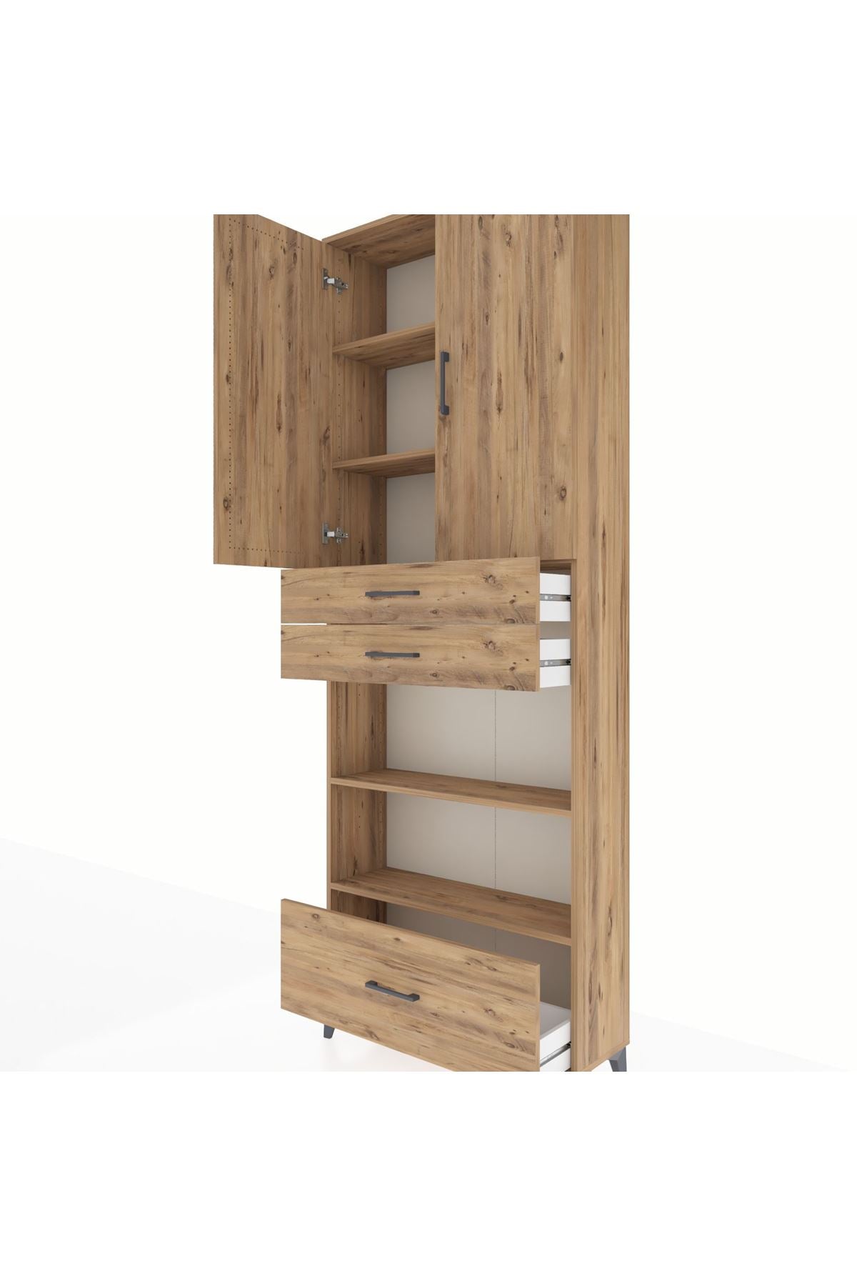 Arges Dolap 5 Raflı 3 Çekmeceli 2 Kapaklı 88x30x243 Çam-Çam