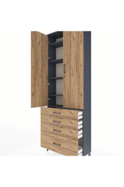 Arges Dolap 5 Raflı 4 Çekmeceli 2 Kapaklı 88x30x243 Antrasit-Çam