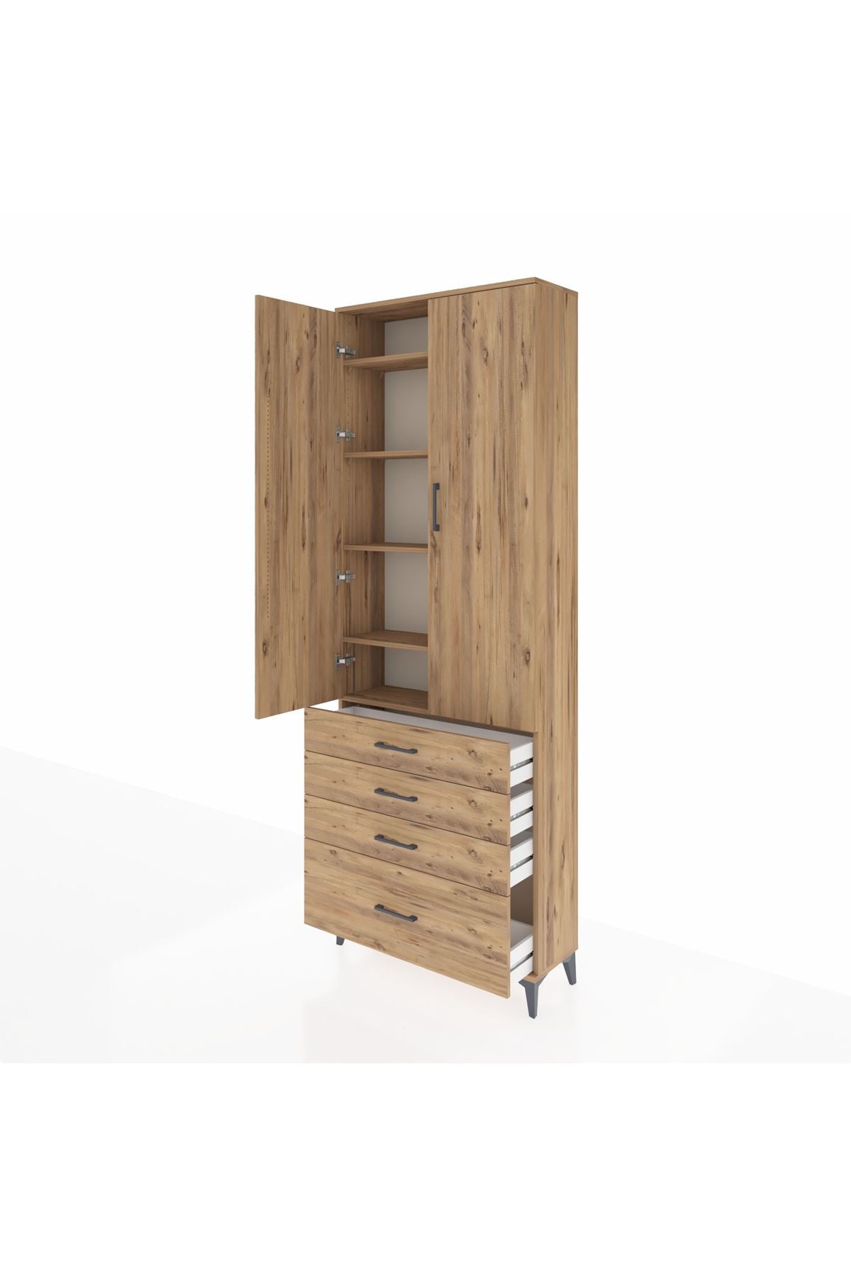 Arges Dolap 5 Raflı 4 Çekmeceli 2 Kapaklı 88x30x243 Çam-Çam