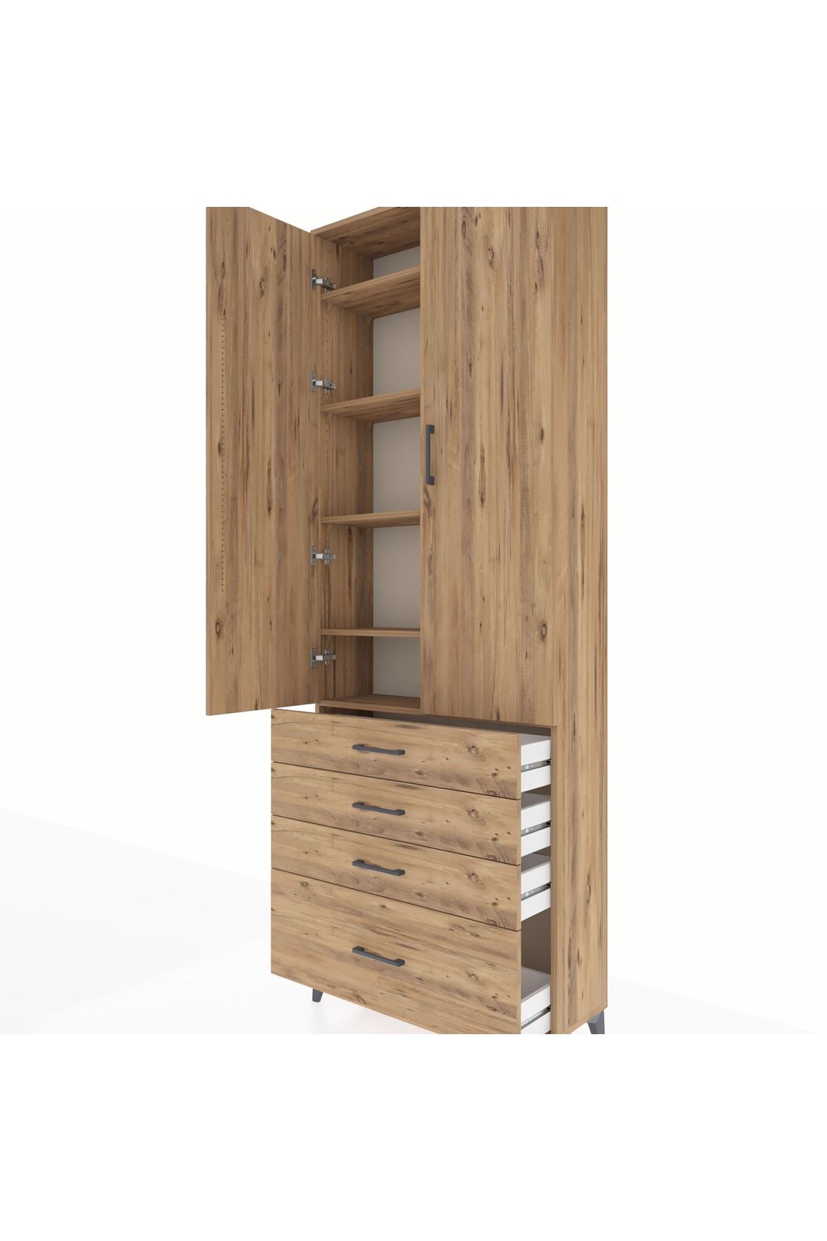 Arges Dolap 5 Raflı 4 Çekmeceli 2 Kapaklı 88x30x243 Çam-Çam