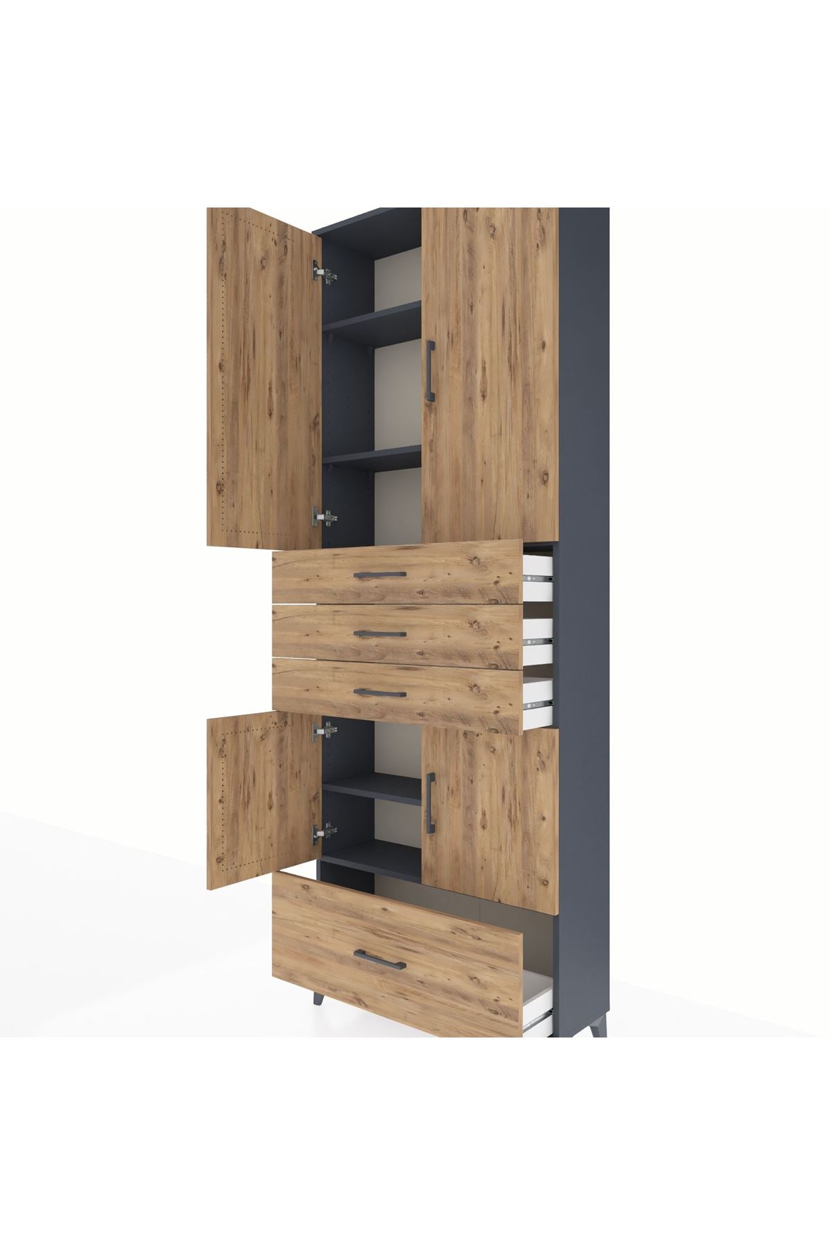 Arges Dolap 5 Raflı 4 Çekmeceli 4 Kapaklı 88x30x243 Antrasit-Çam