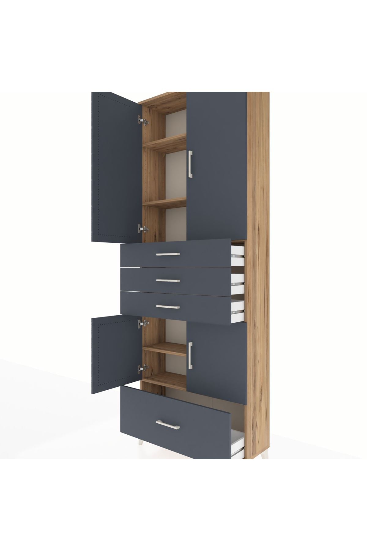 Arges Dolap 5 Raflı 4 Çekmeceli 4 Kapaklı 88x30x243 Çam-Antrasit
