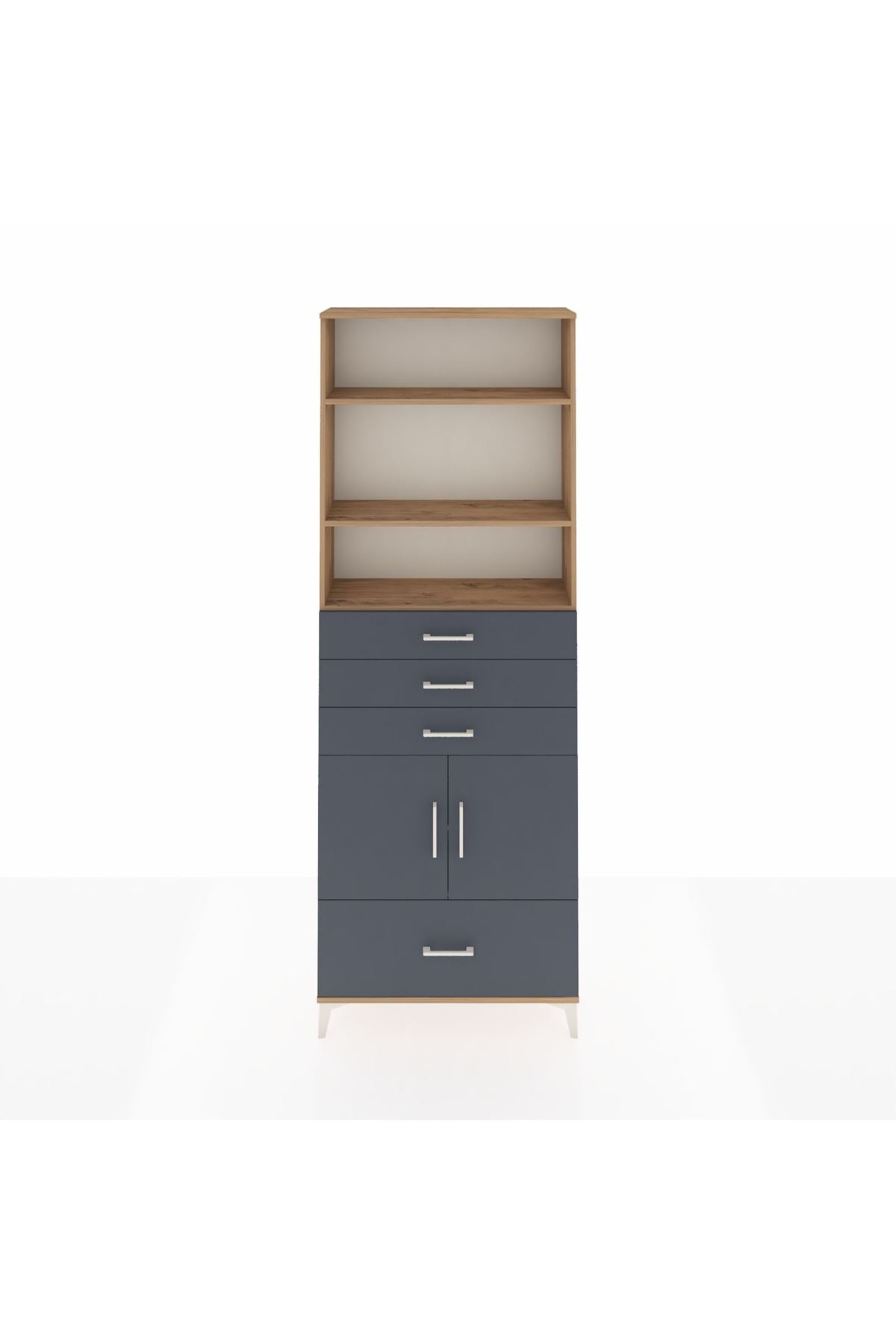 Arges Dolap 5 Raflı 4 Çekmeceli 2 Kapaklı 88x30x243 Çam-Antrasit