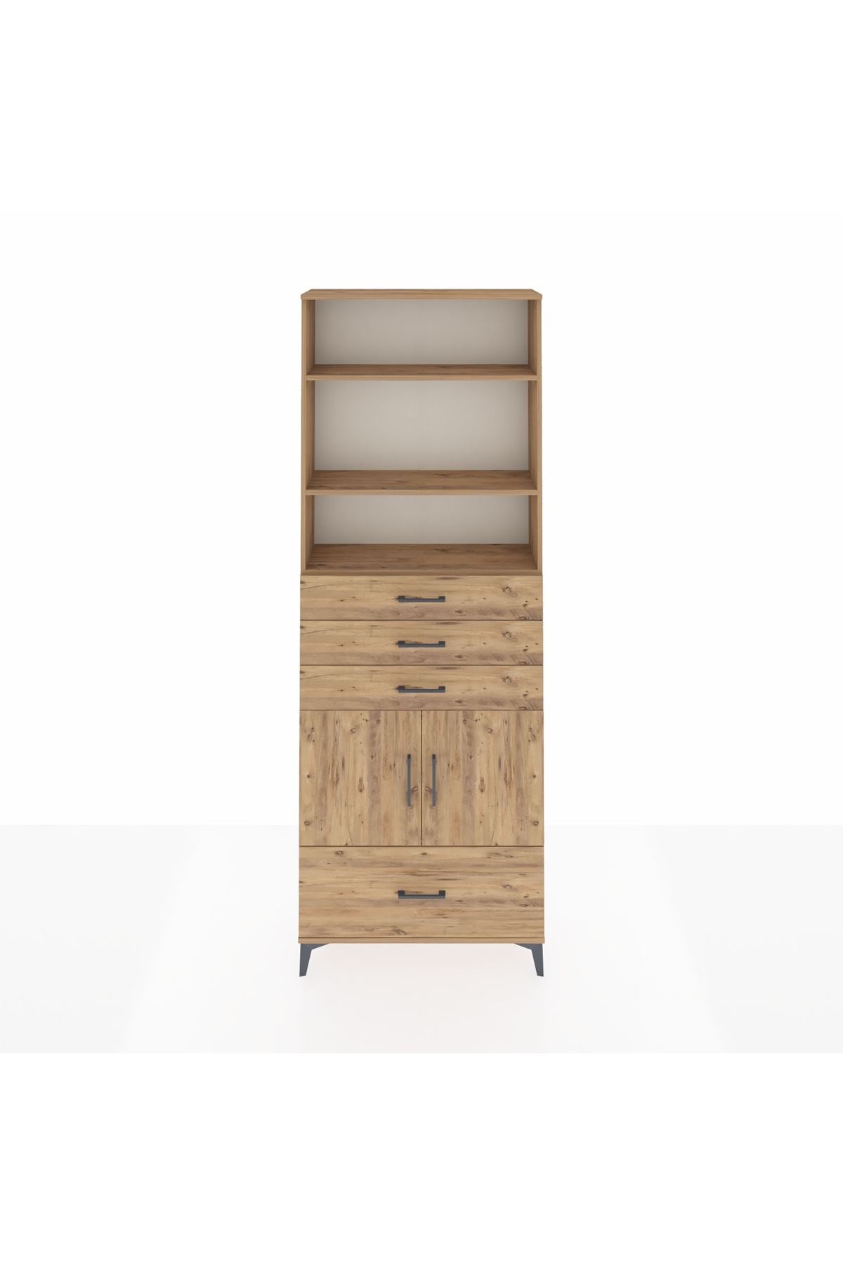 Arges Dolap 5 Raflı 4 Çekmeceli 2 Kapaklı 88x30x243 Çam-Çam