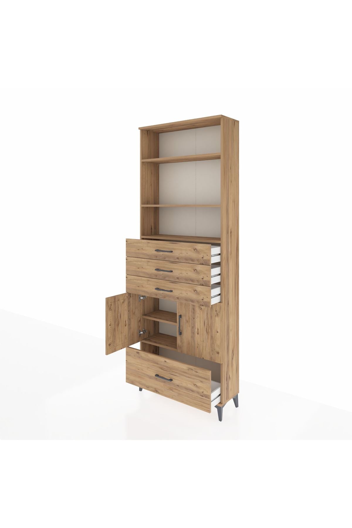 Arges Dolap 5 Raflı 4 Çekmeceli 2 Kapaklı 88x30x243 Çam-Çam