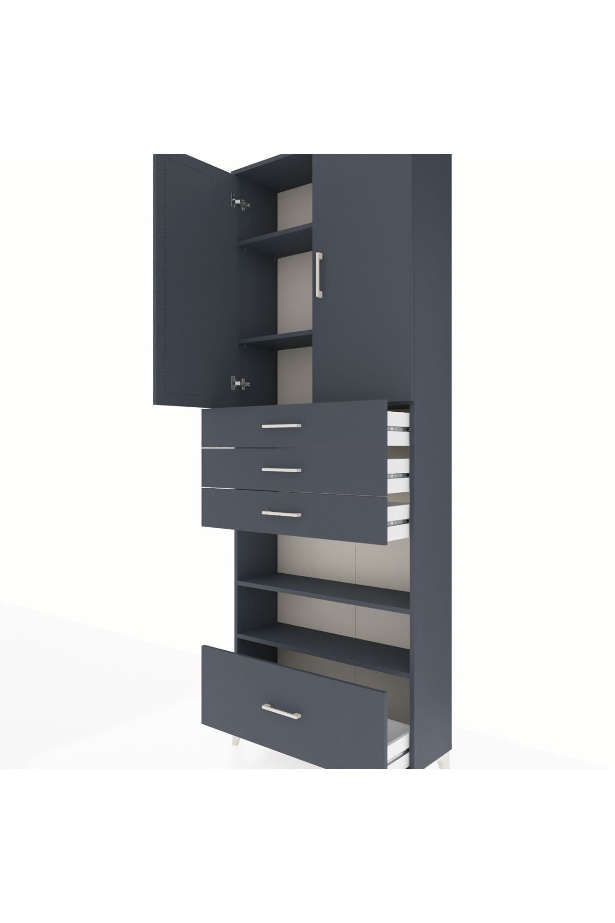 Arges Dolap 5 Raflı 4 Çekmeceli 2 Kapaklı 88x30x243 Antrasit-Antrasit