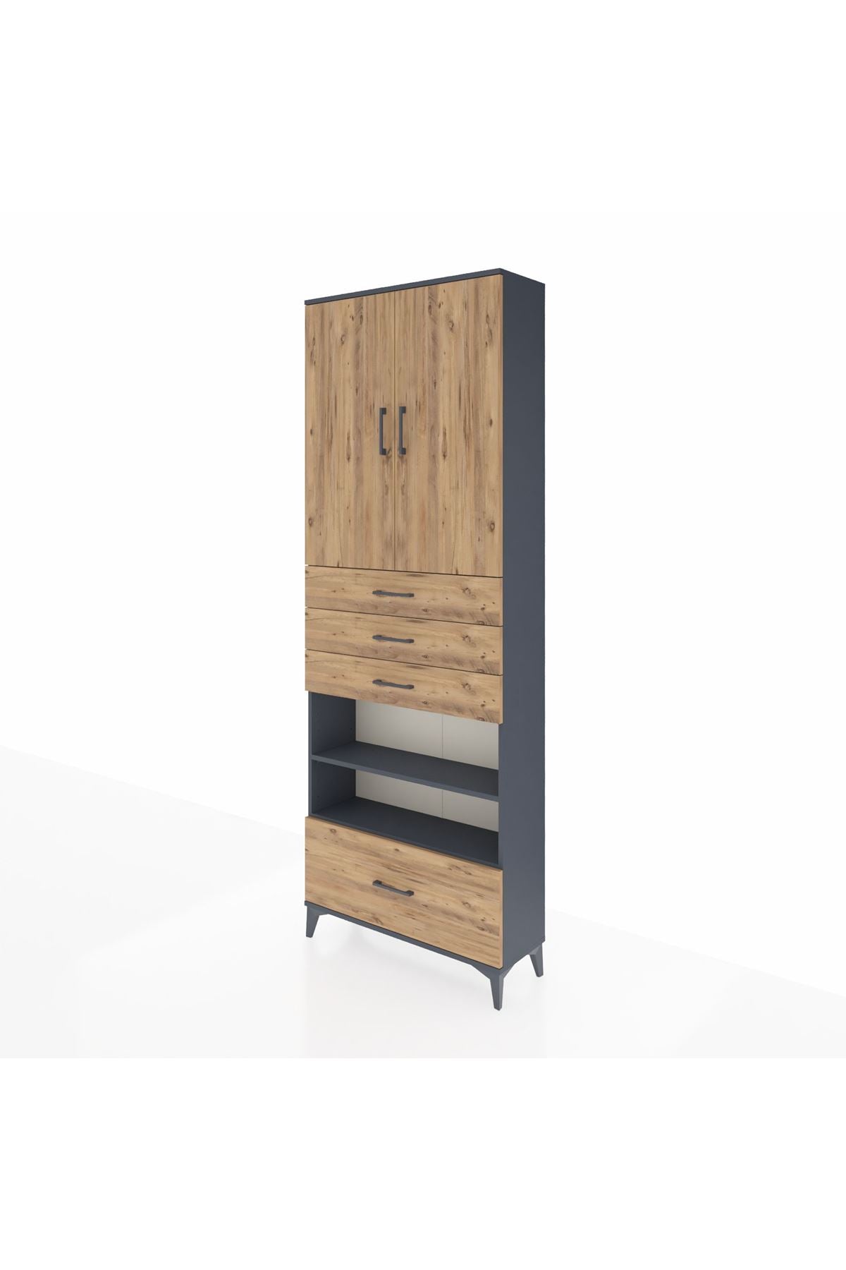 Arges Dolap 5 Raflı 4 Çekmeceli 2 Kapaklı 88x30x243 Antrasit-Çam