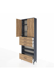 Arges Dolap 5 Raflı 4 Çekmeceli 2 Kapaklı 88x30x243 Antrasit-Çam