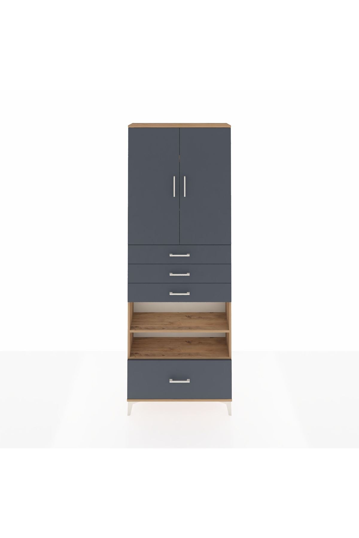 Arges Dolap 5 Raflı 4 Çekmeceli 2 Kapaklı 88x30x243 Çam-Antrasit