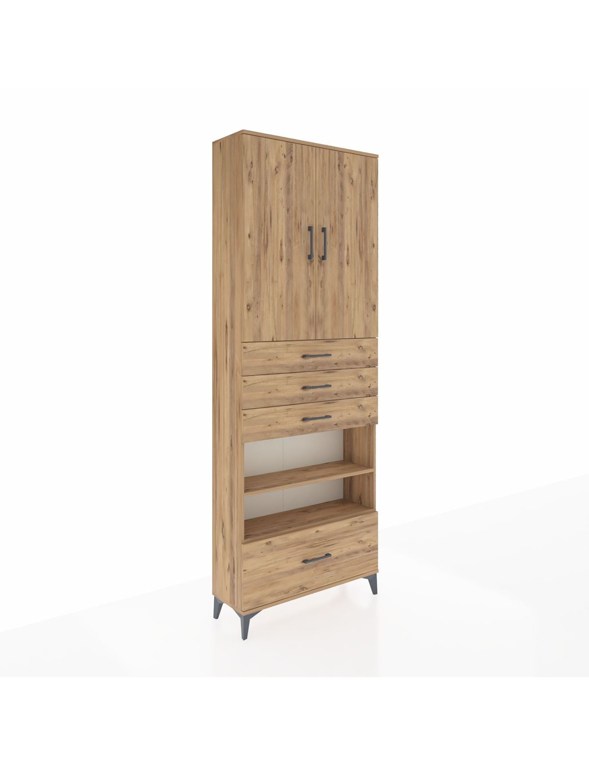 Arges Dolap 5 Raflı 4 Çekmeceli 2 Kapaklı 88x30x243 Çam-Çam