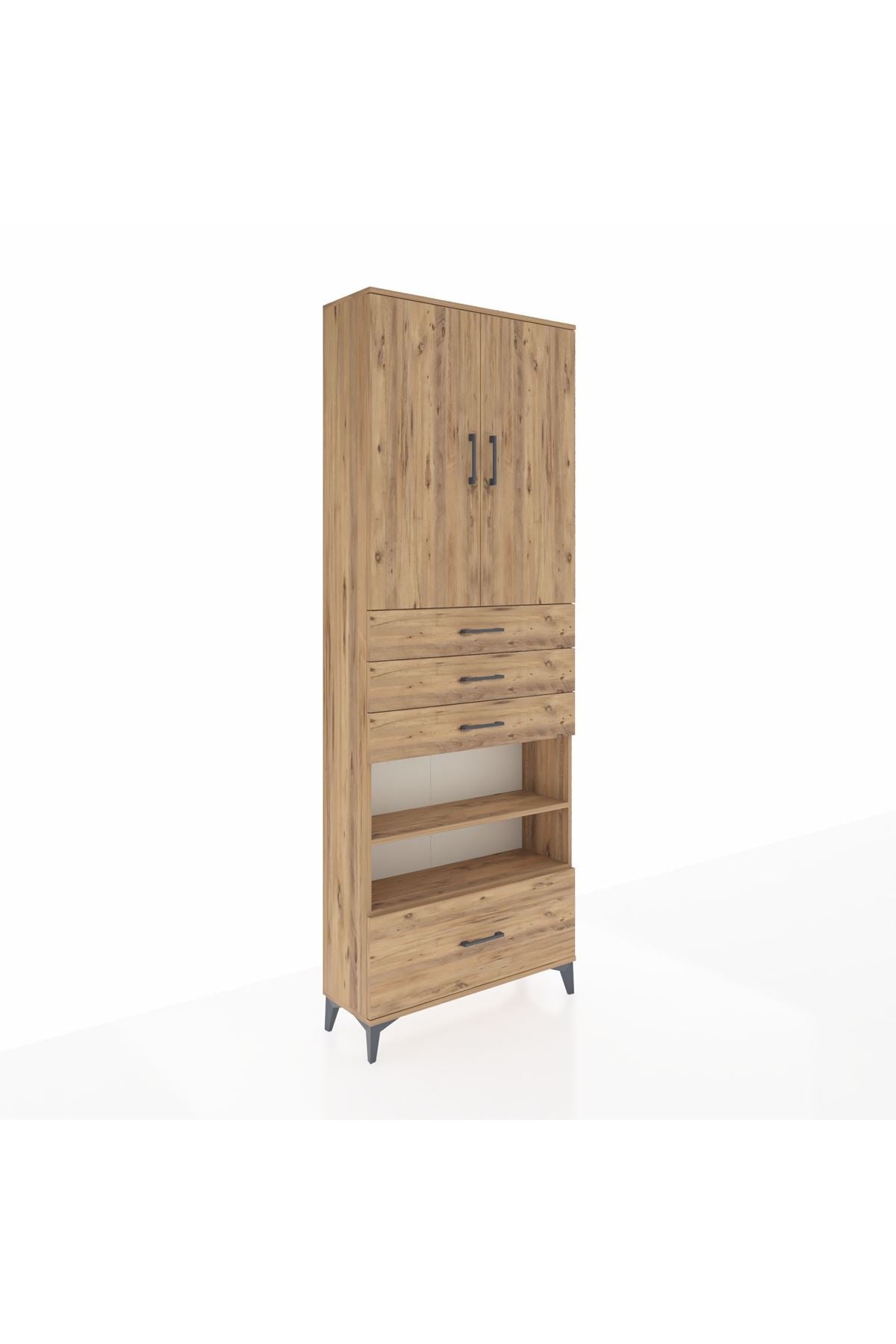 Arges Dolap 5 Raflı 4 Çekmeceli 2 Kapaklı 88x30x243 Çam-Çam