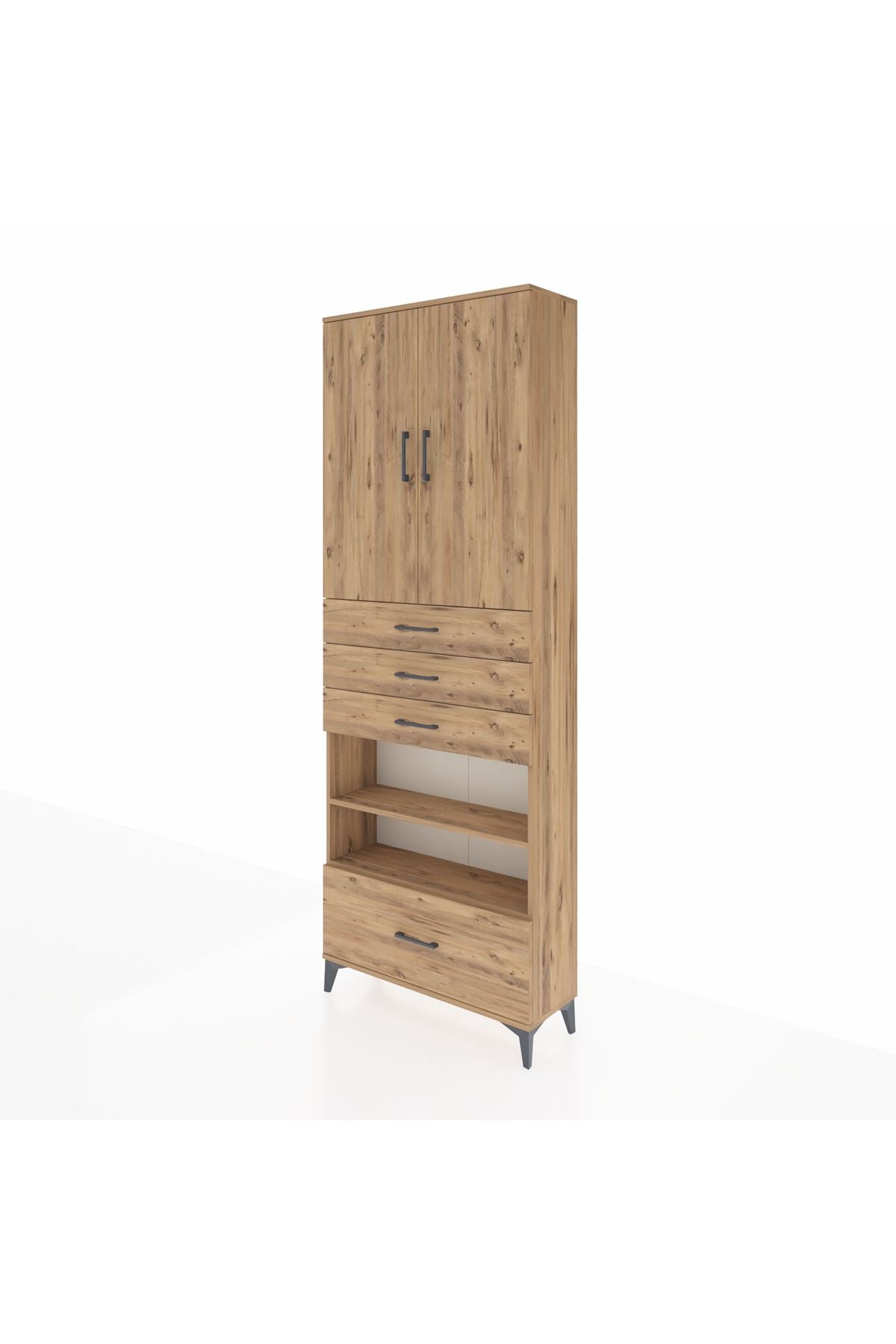 Arges Dolap 5 Raflı 4 Çekmeceli 2 Kapaklı 88x30x243 Çam-Çam