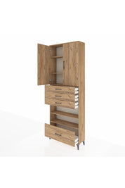 Arges Dolap 5 Raflı 4 Çekmeceli 2 Kapaklı 88x30x243 Çam-Çam