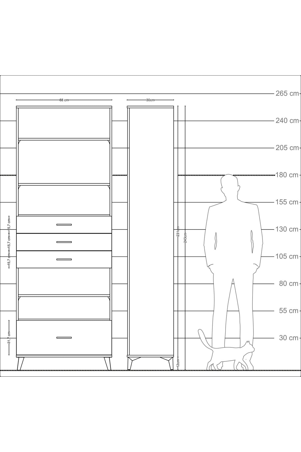 Arges Dolap 5 Raflı 4 Çekmeceli 88x30x243 Antrasit-Çam