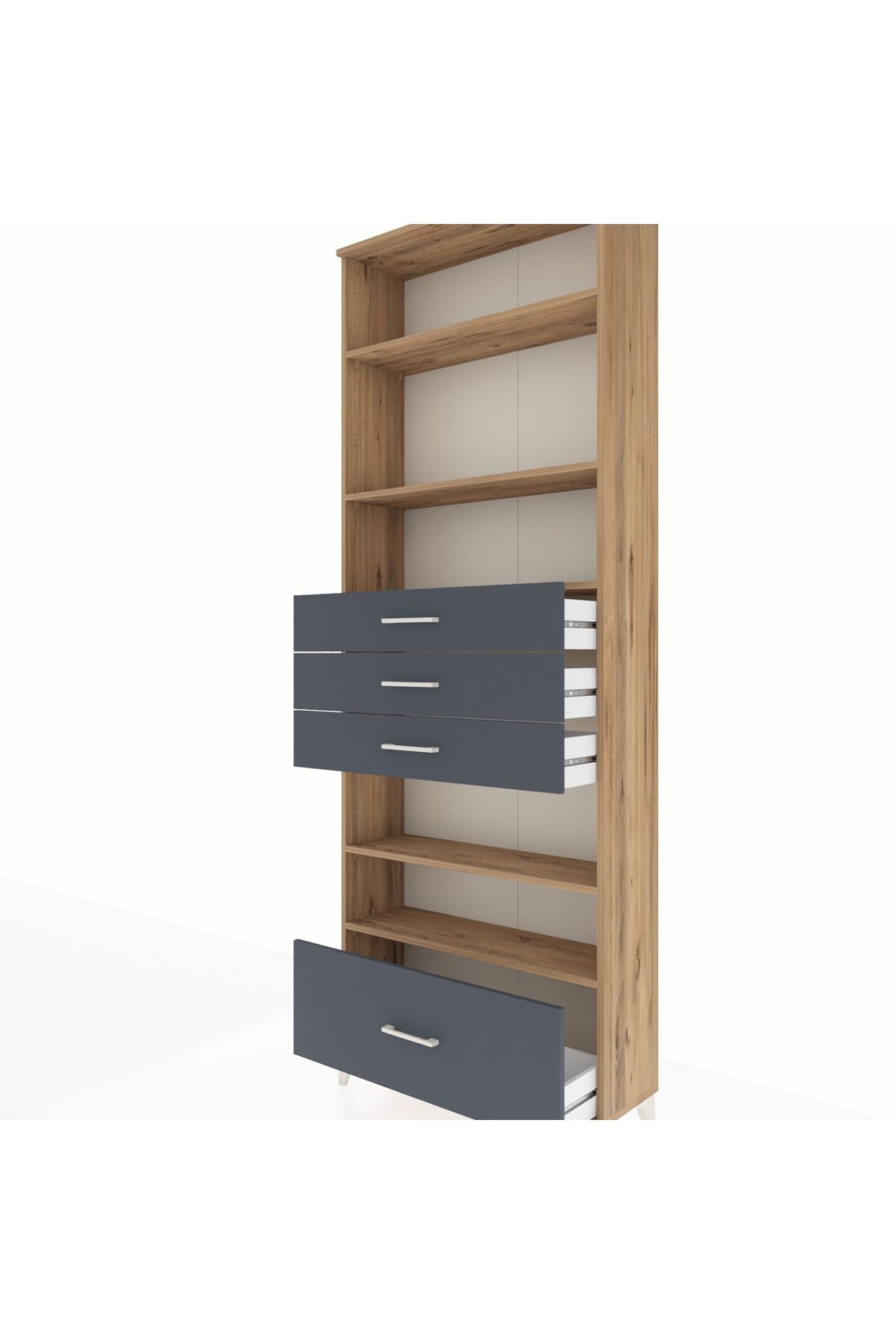 Arges Dolap 5 Raflı 4 Çekmeceli 88x30x243 Çam-Antrasit