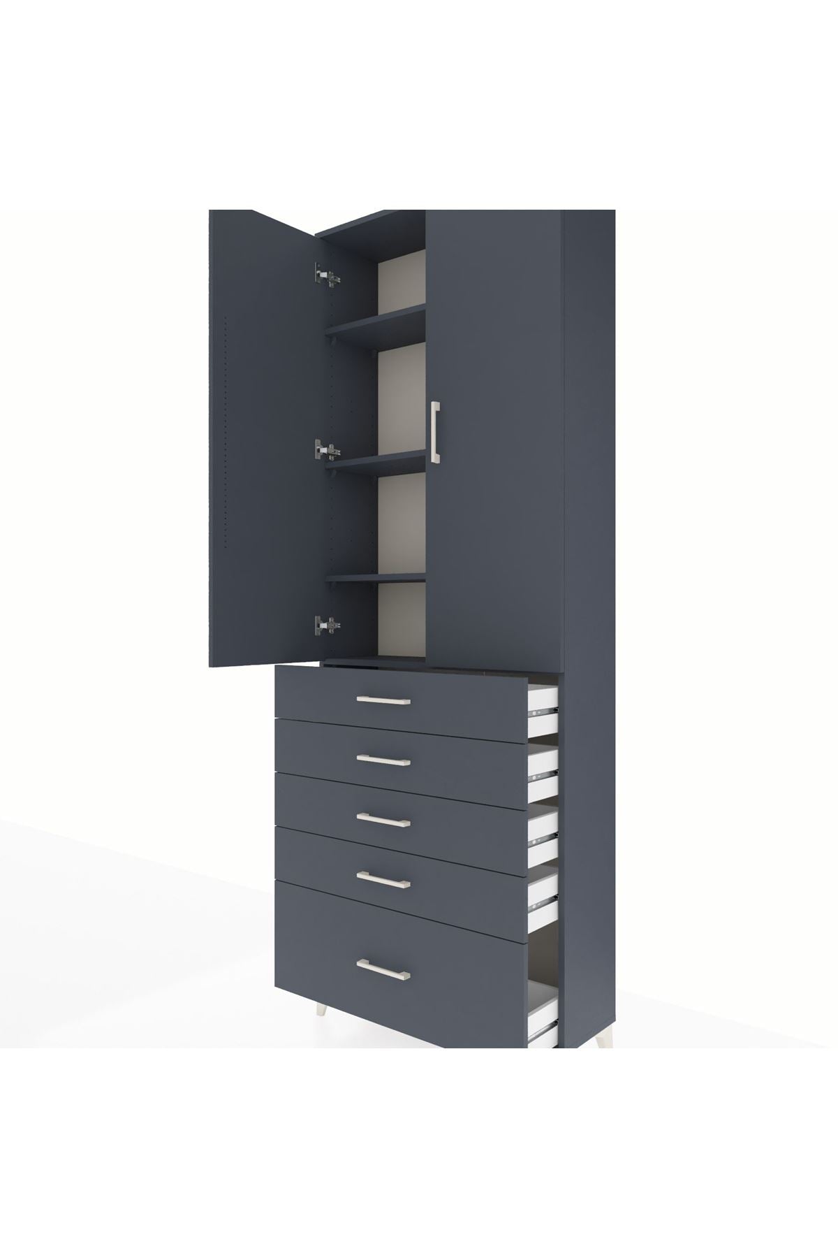 Arges Dolap 4 Raflı 5 Çekmeceli 2 Kapaklı 88x30x243 Antrasit-Antrasit